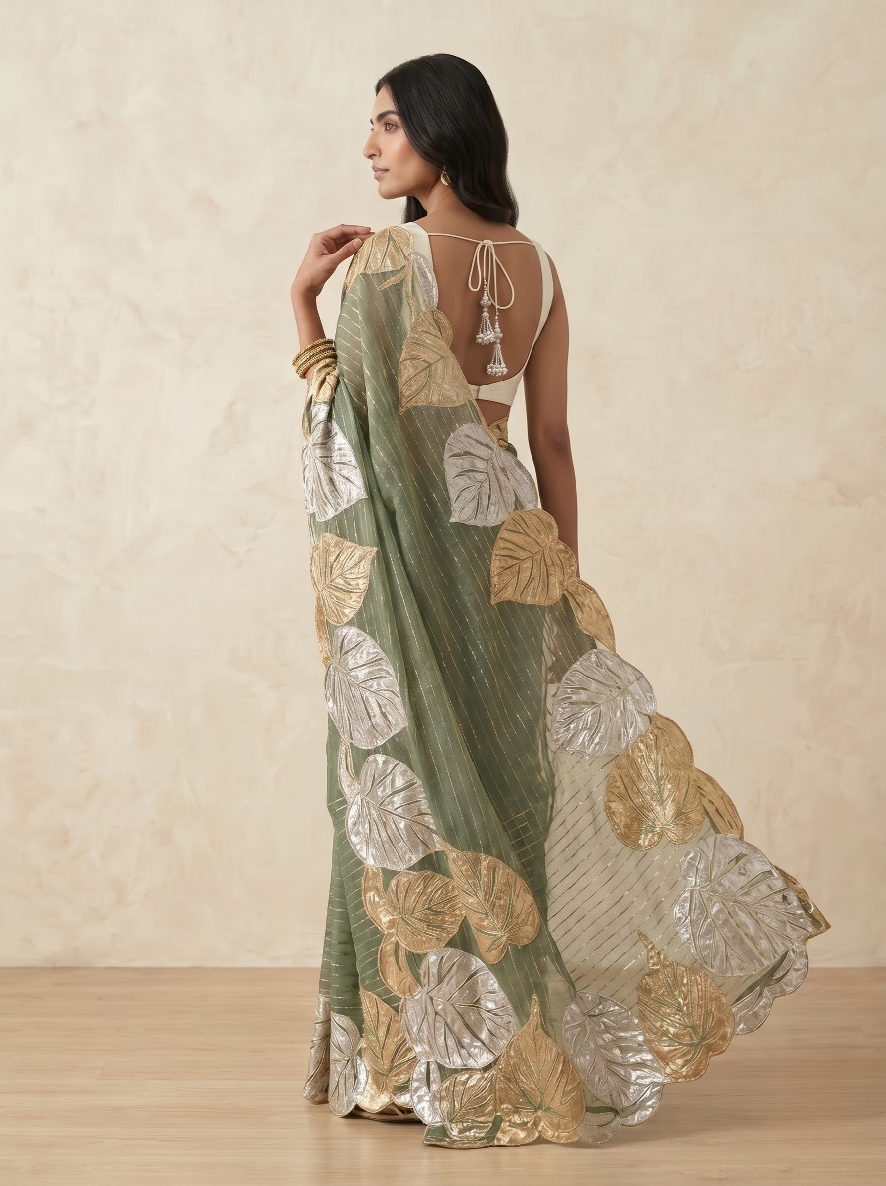Organza Saree in Sage Green with Metallic Leaf Motif & Scalloped Edge