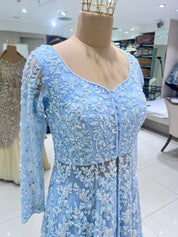 Powder Blue Embroidered Net Gown with Full Sleeves DIVA