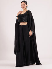 Sophisticated Black Georgette Palazzo Suit with Pearl Beadwork Blouse & Overcoat