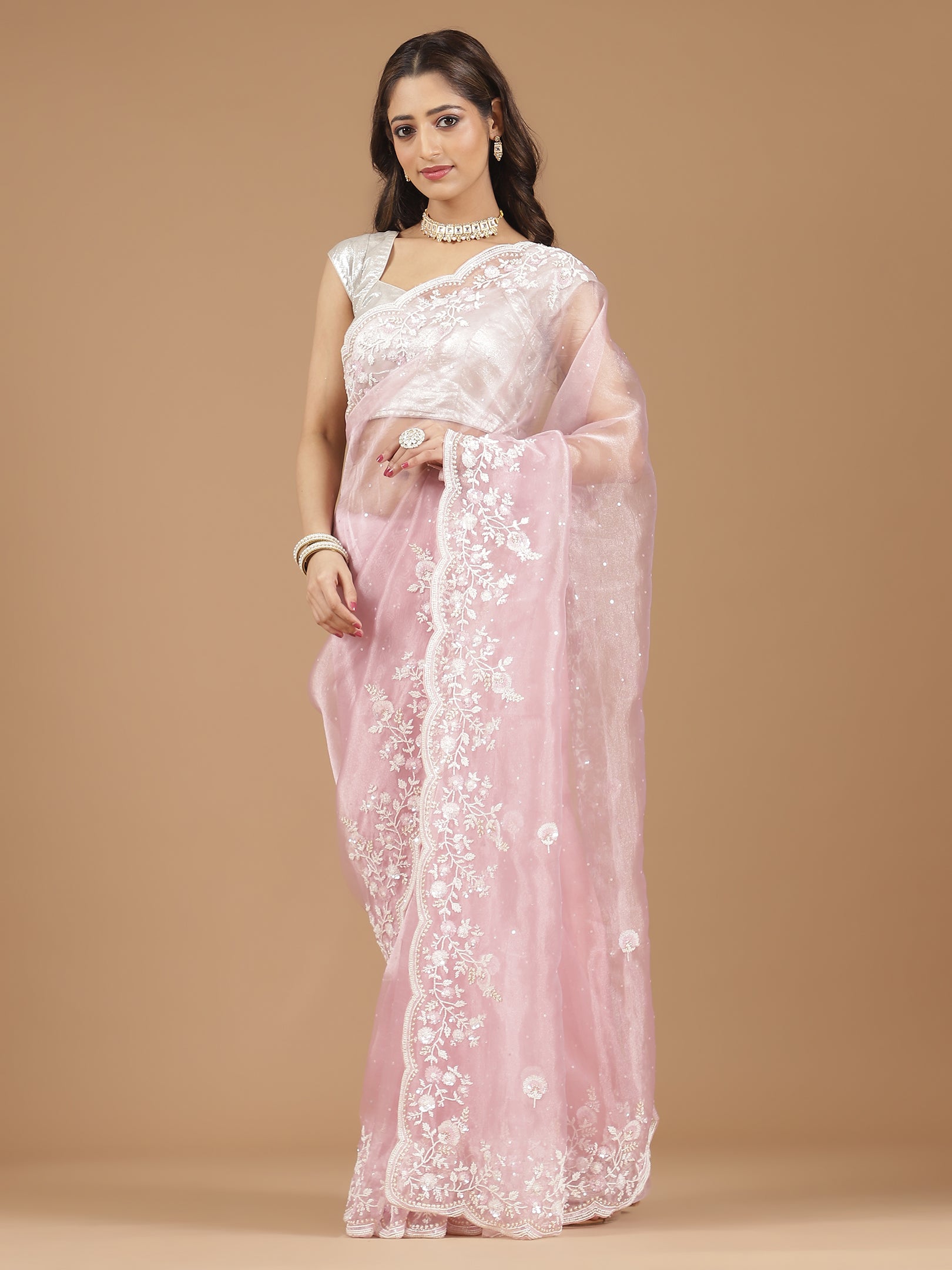 Elegant Blush Pink Embroidered Net Saree with Contrast Blouse