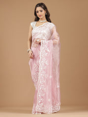 Elegant Blush Pink Embroidered Net Saree with Contrast Blouse