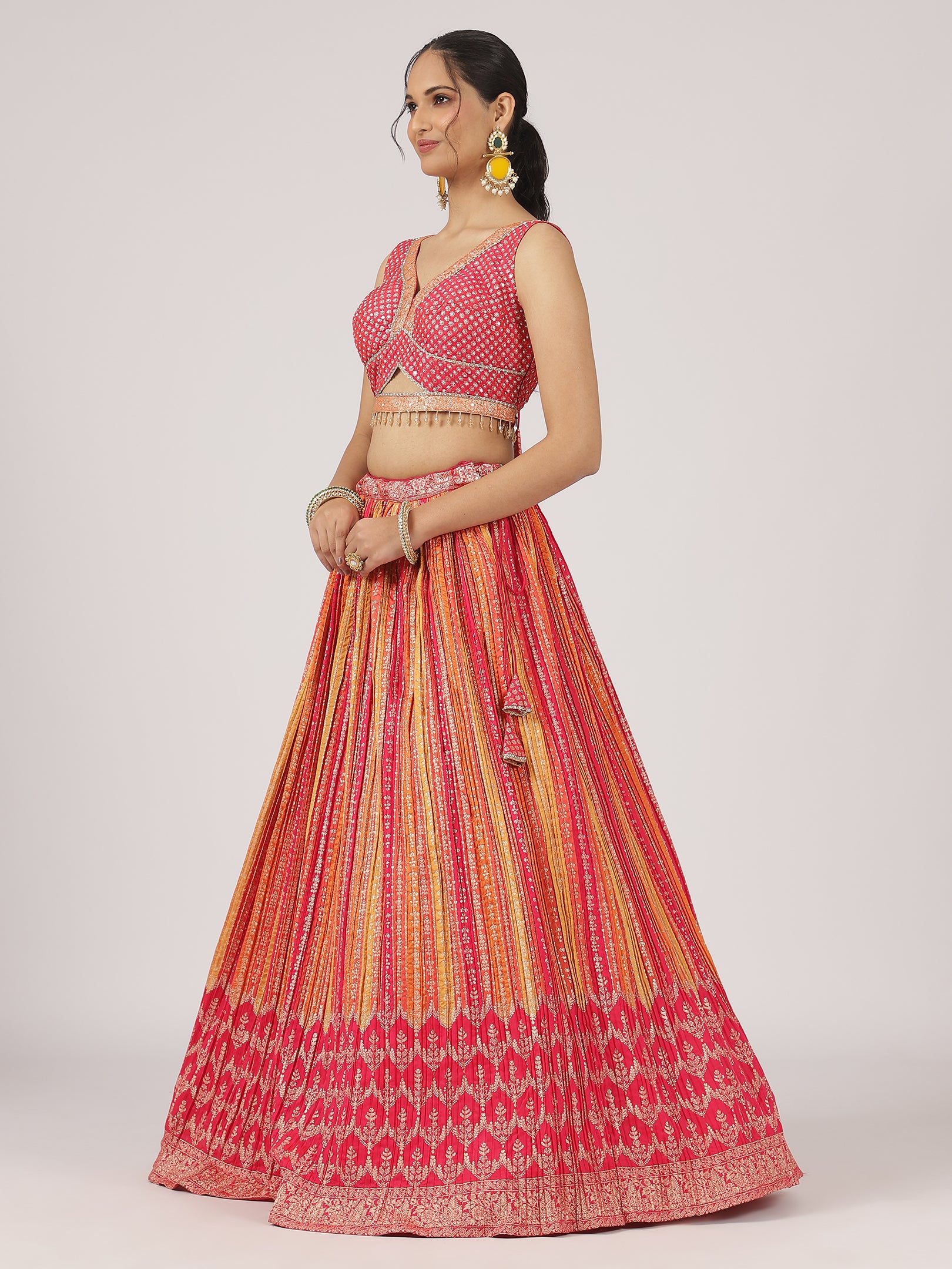 Pink & Orange Bandhani Lehenga Set with Embroidered Blouse & Dupatta