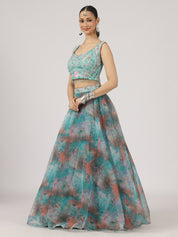 Aqua Blue Floral Organza Lehenga with Embroidered Blouse