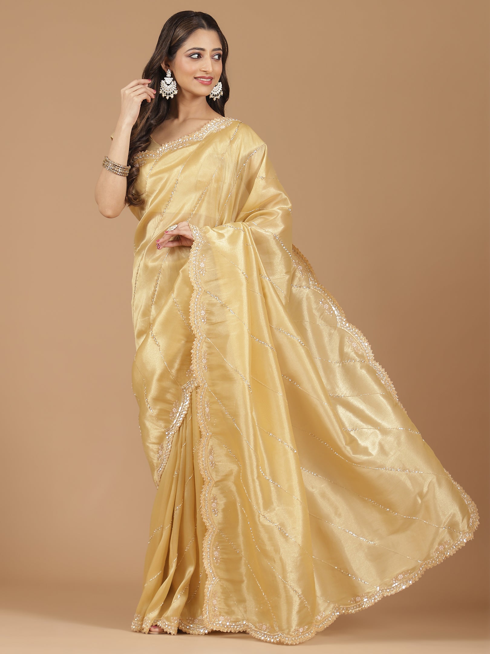 Luxe Golden Satin Silk Saree with Exquisite Embellishments