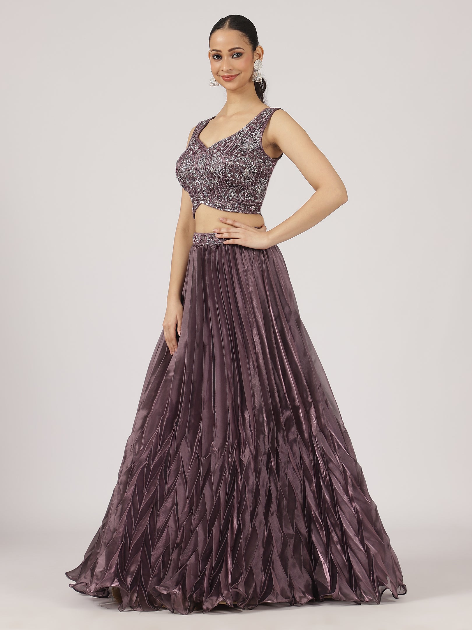 Plum Purple Organza Pleated Lehenga with Hand Embroidered Blouse