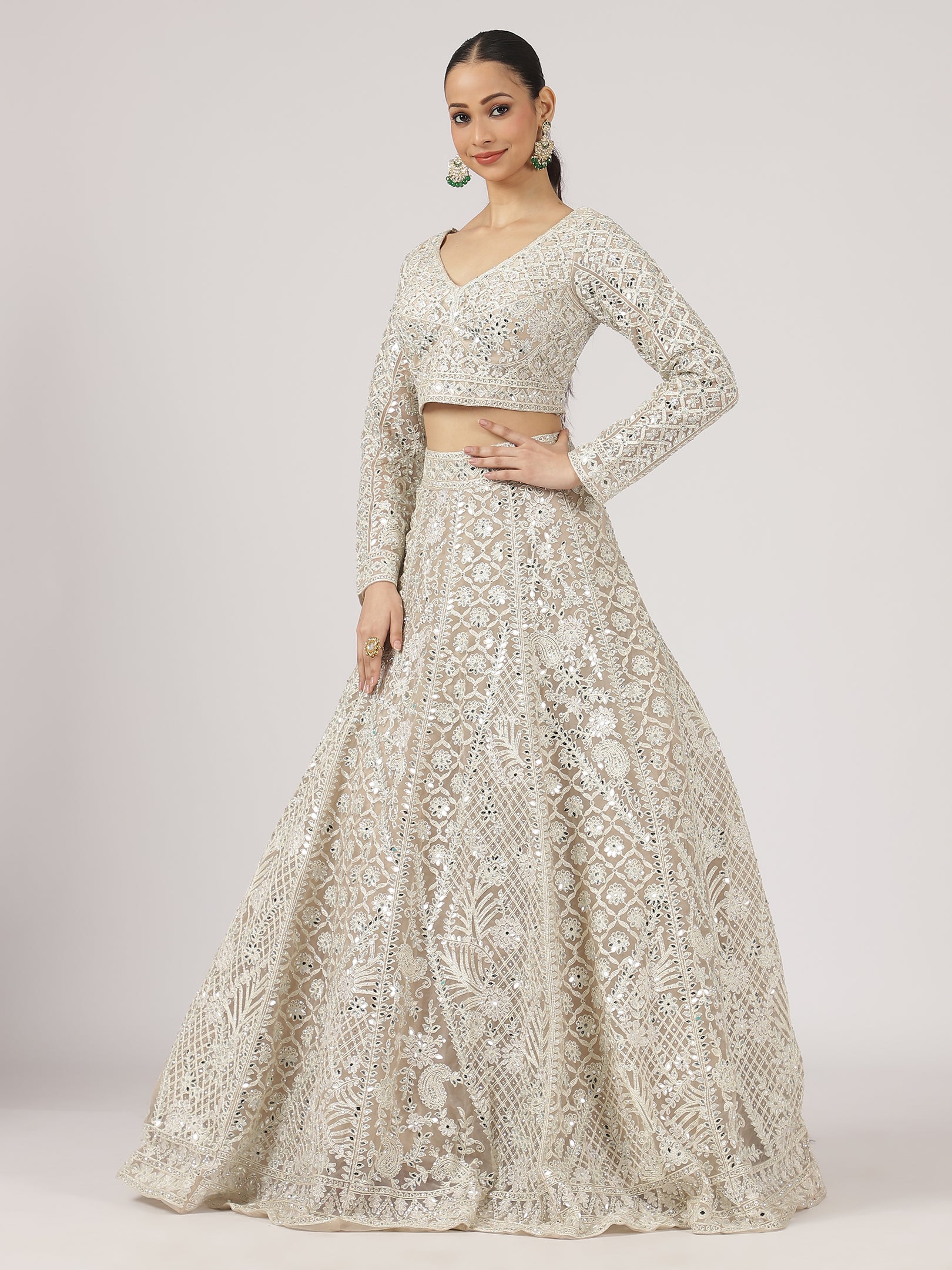 Cream Net Mirror Work Lehenga with Intricate Embroidery