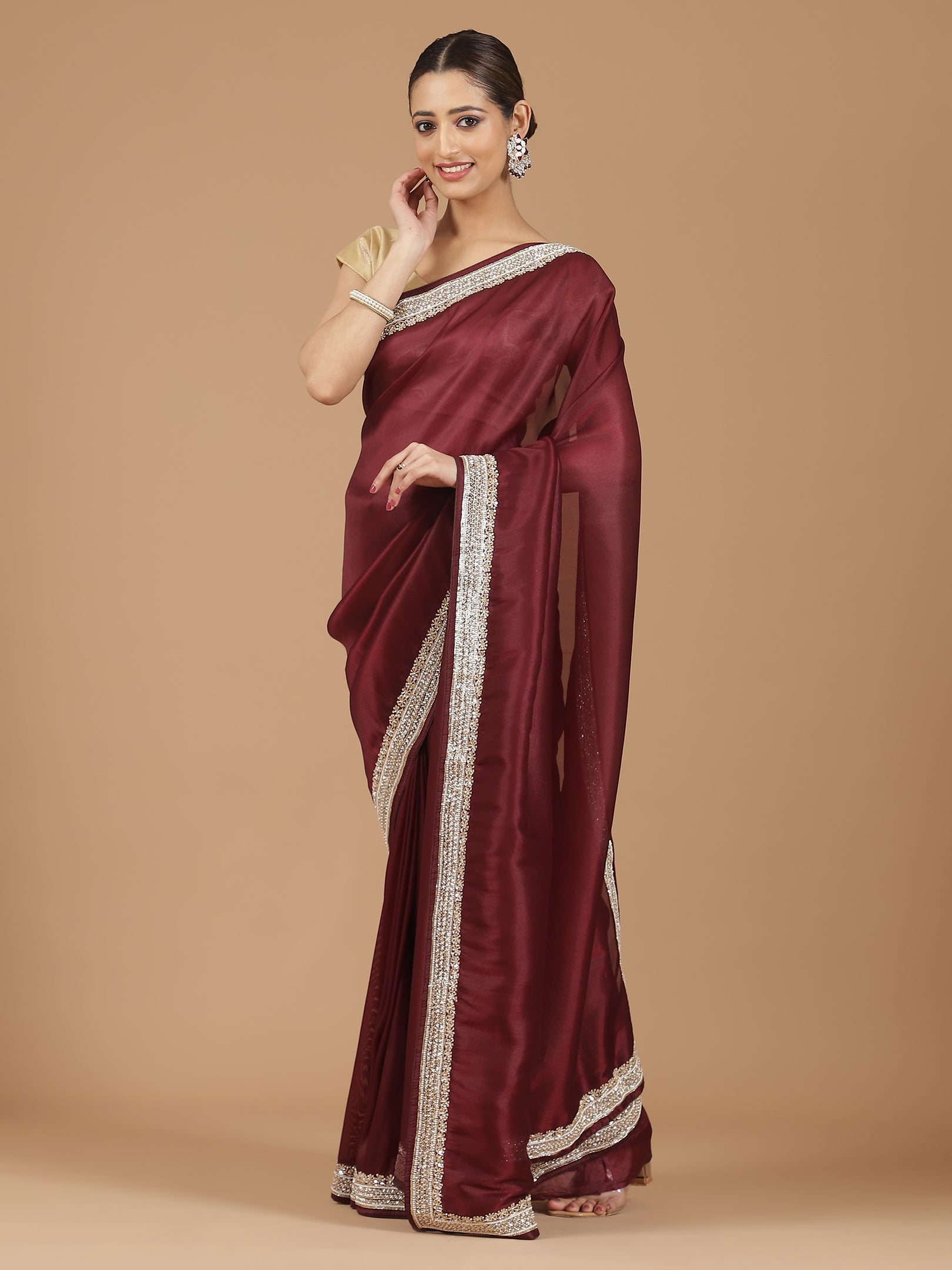 Satin Silk Saree with Delicate Stonework Border