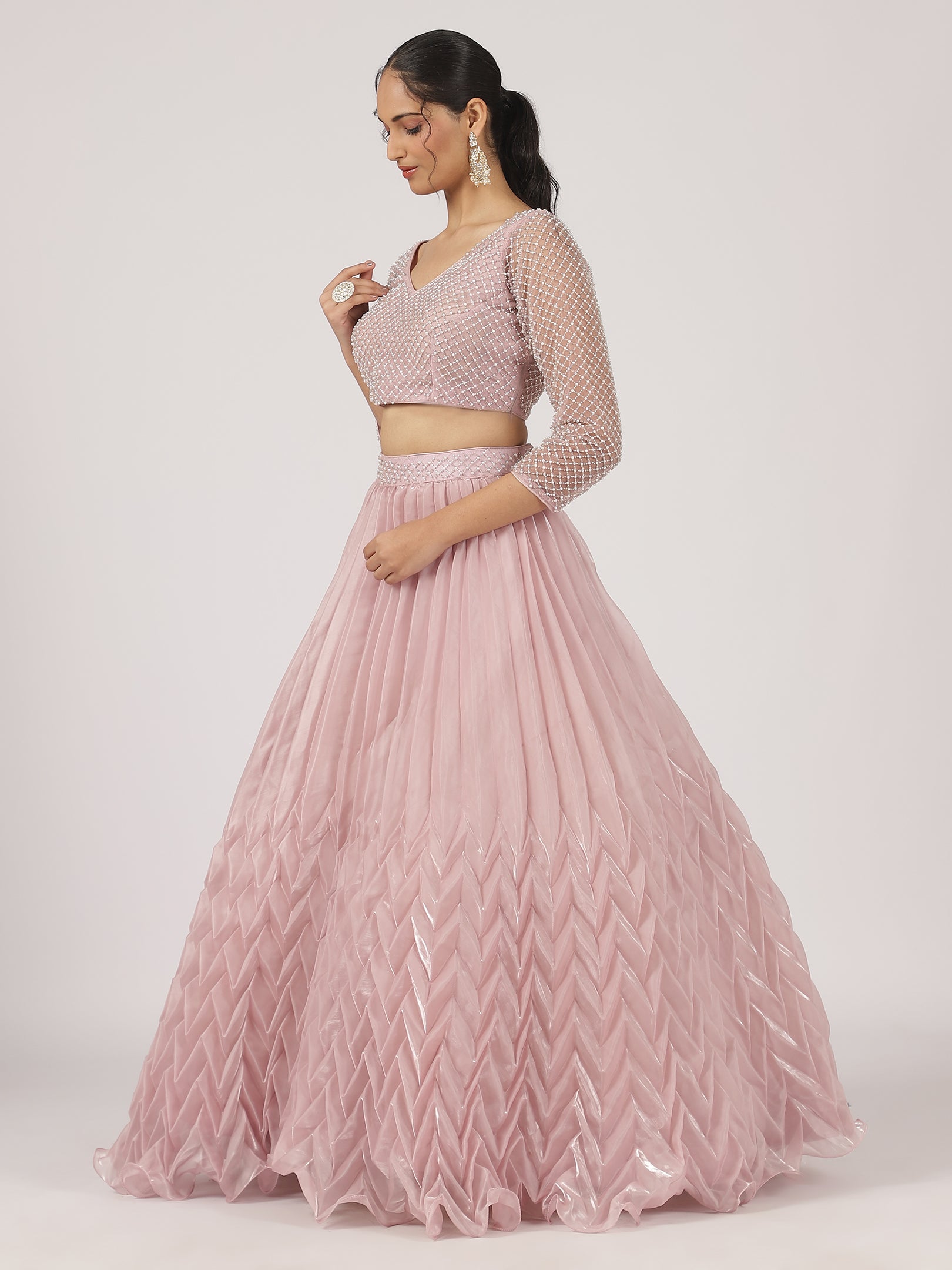 Pastel Pink Organza Pleated Lehenga with Pearl Work Blouse & Ruffled Dupatta