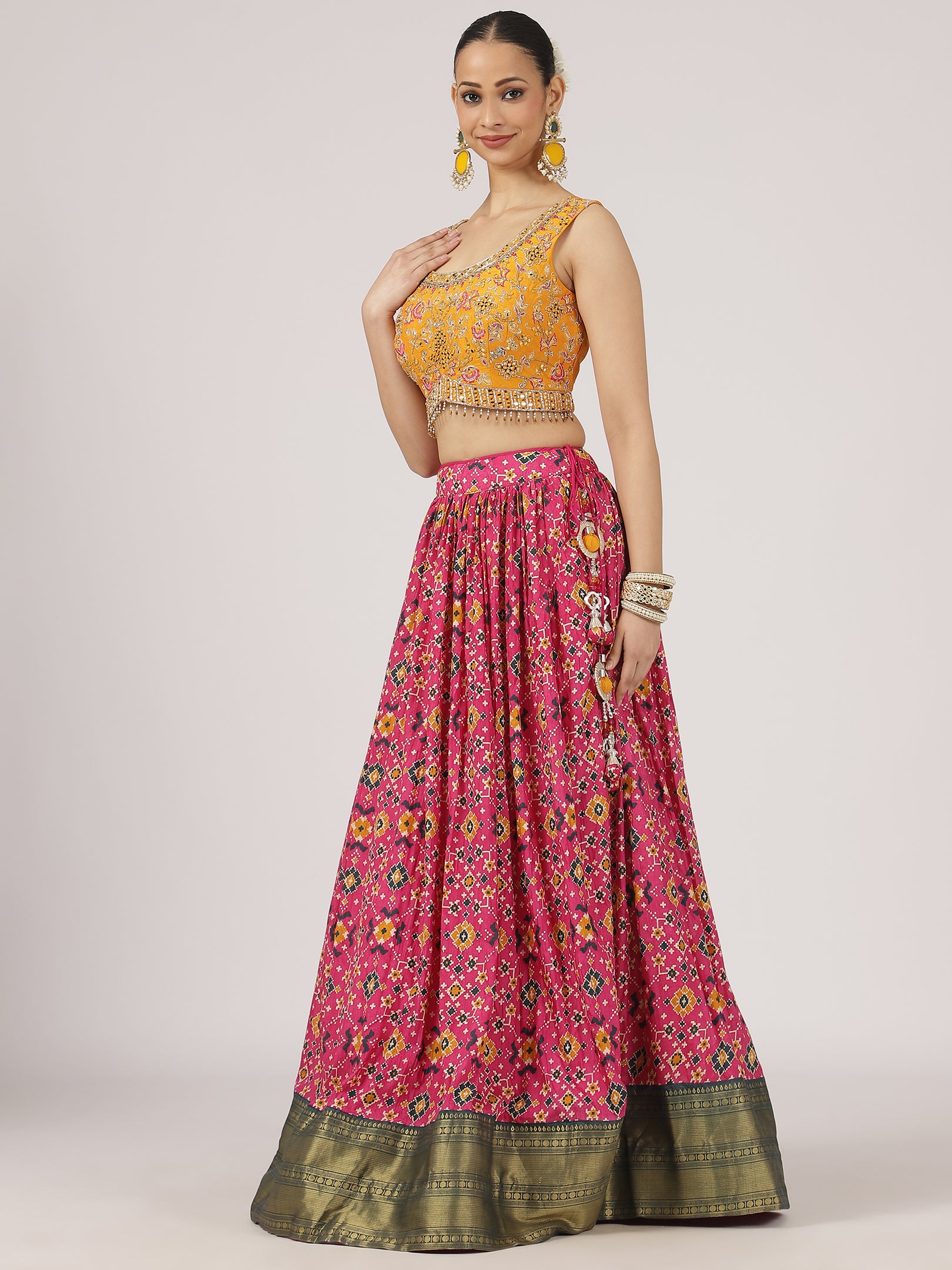 Vibrant Pink & Mustard Cotton Silk Lehenga with Embroidered Mirror Work