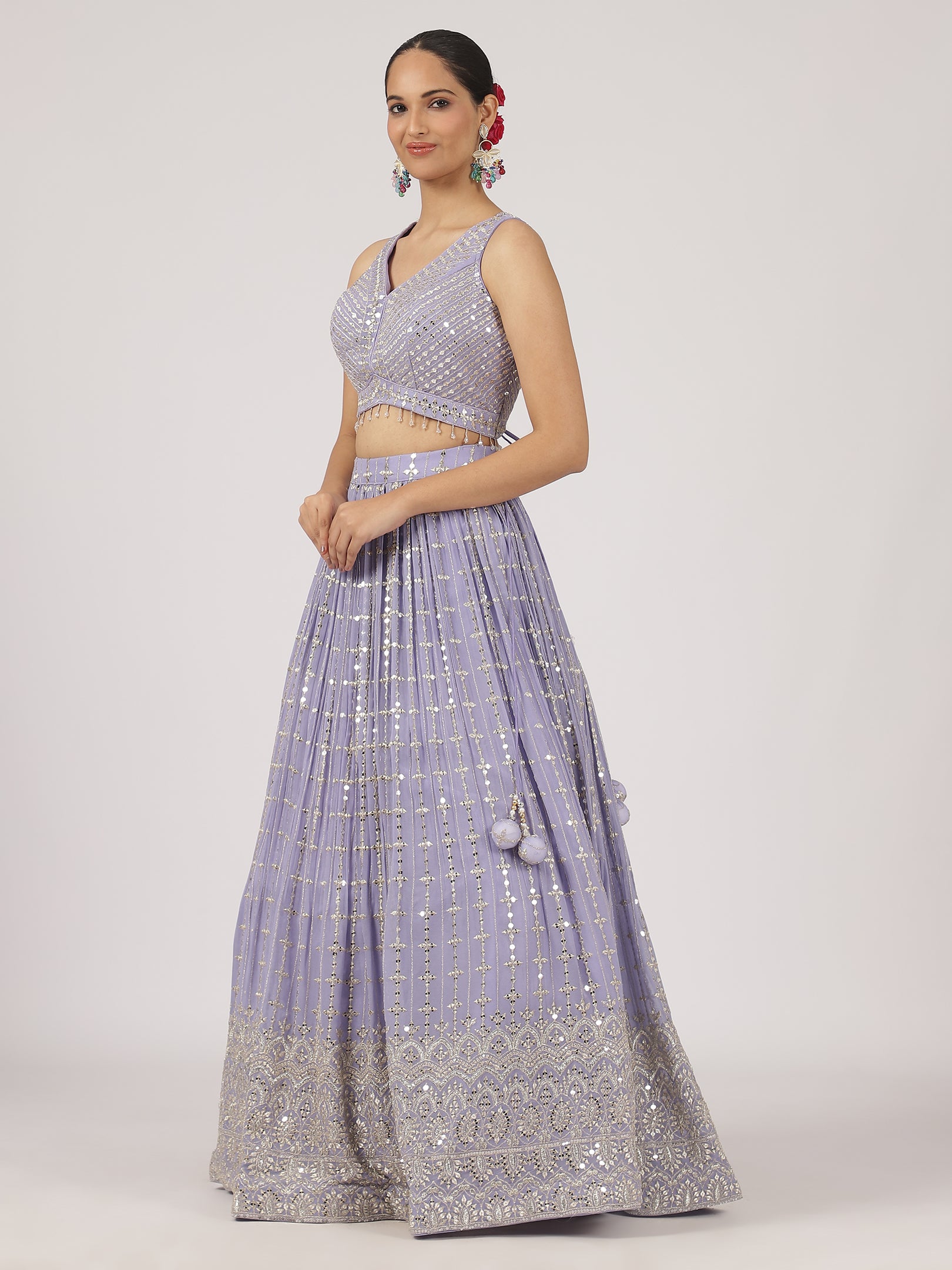 Lavender Mirror Work Lehenga with Embroidered Blouse & Sheer Dupatta