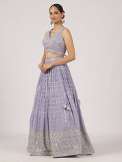 Lavender Mirror Work Lehenga with Embroidered Blouse & Sheer Dupatta