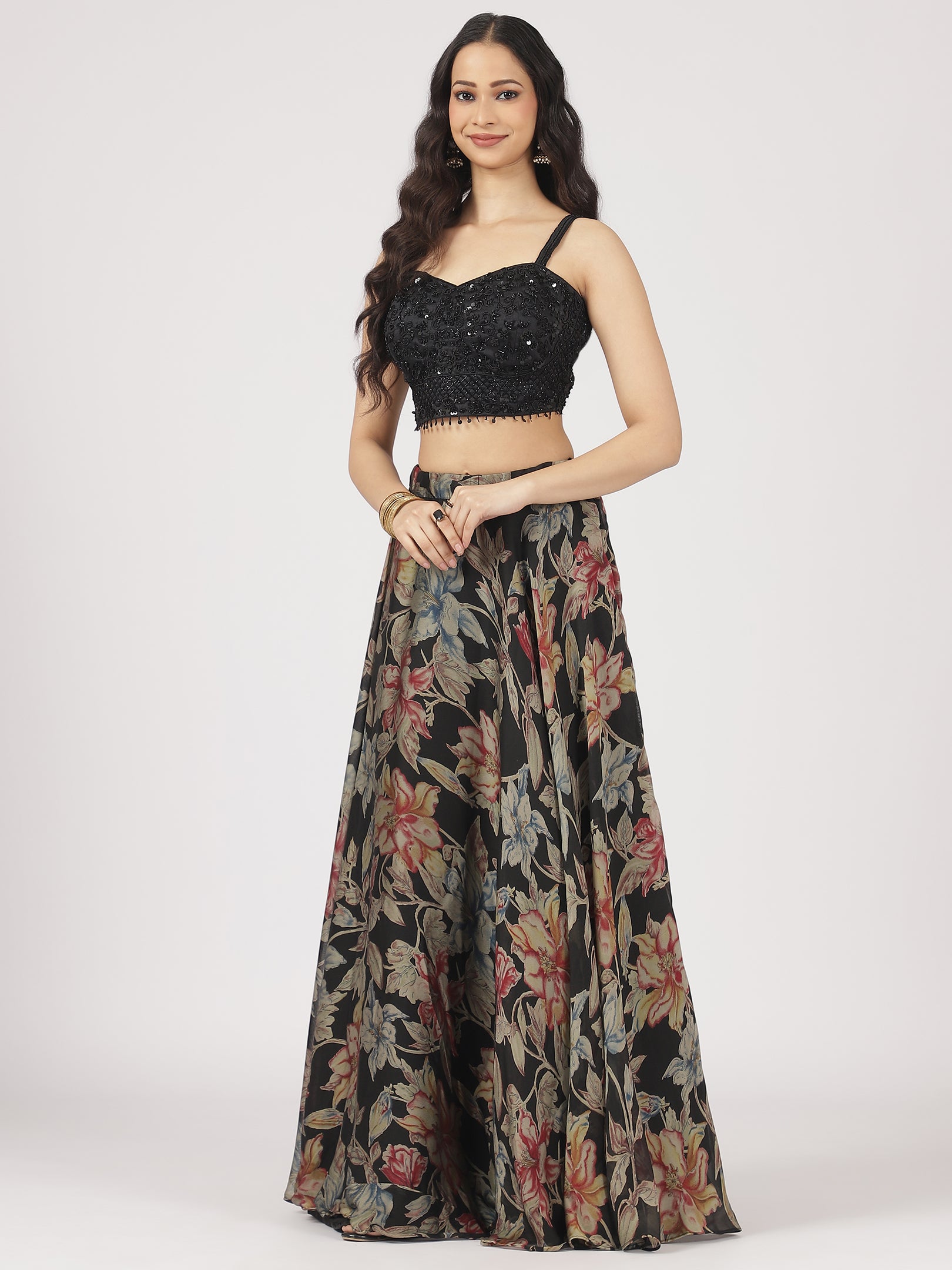 Black Floral Printed Organza Lehenga with Embroidered Blouse & Net Dupatta