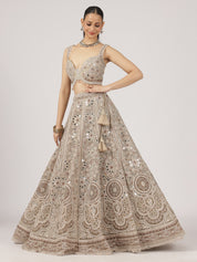 Elegant Beige Netted Lehenga with Intricate Mirror Work Blouse & Skirt