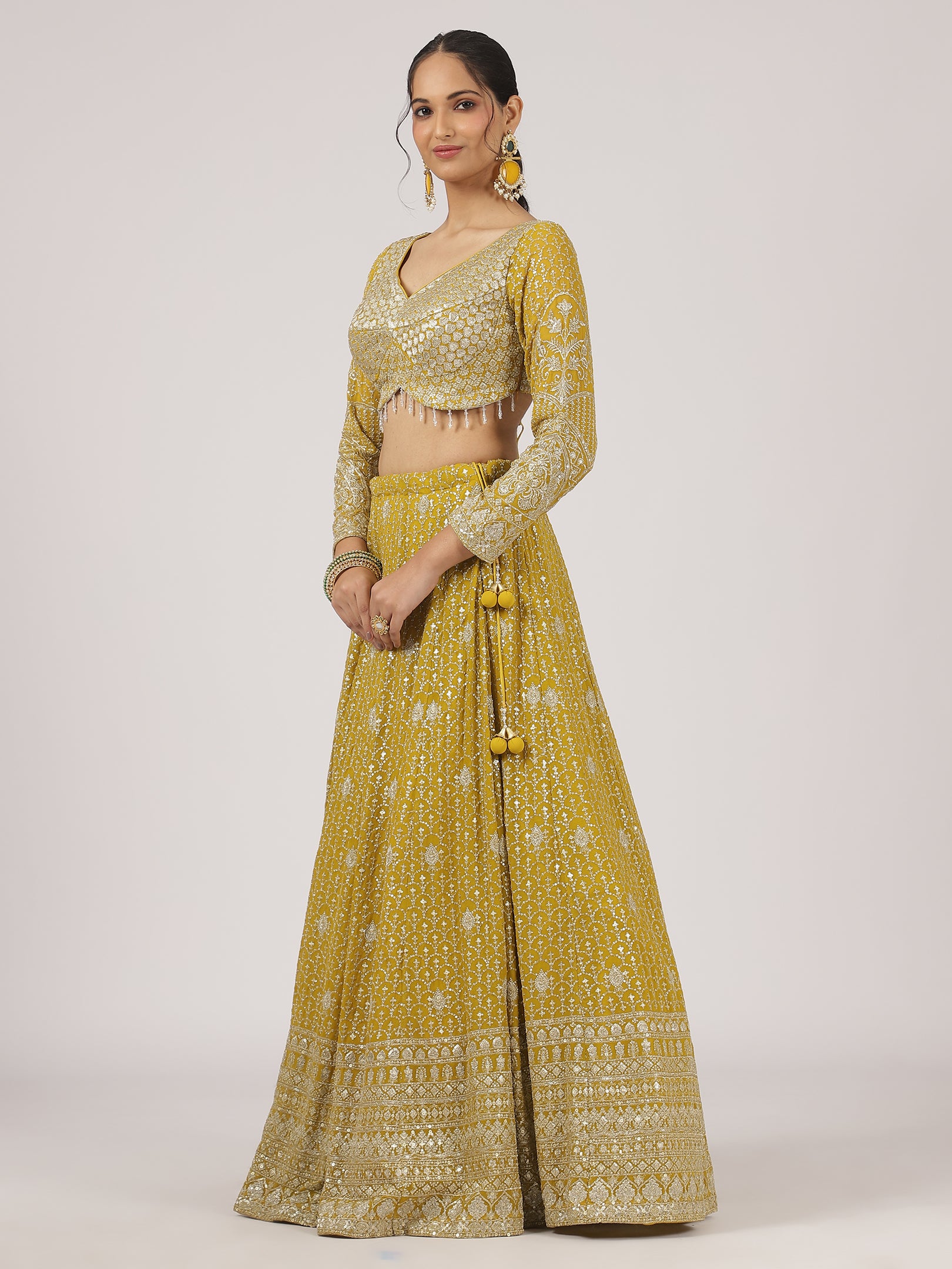 Mustard Yellow Georgette Zari Embroidered Lehenga