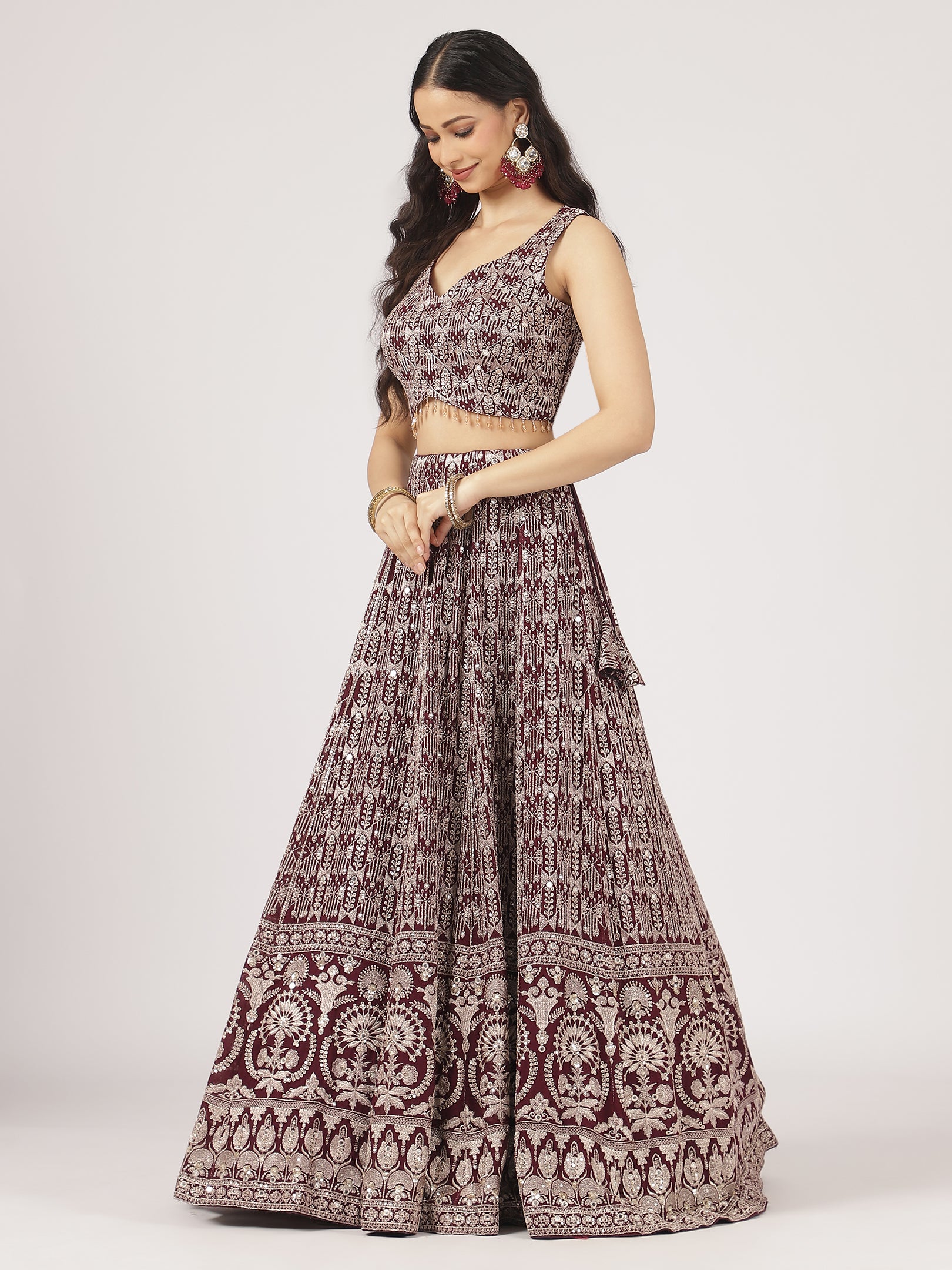 Maroon & Ivory Threadwork Lehenga Set with Embellished Blouse & Net Dupatta