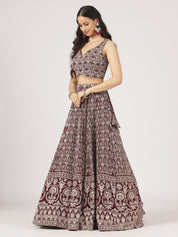 Maroon & Ivory Threadwork Lehenga Set with Embellished Blouse & Net Dupatta