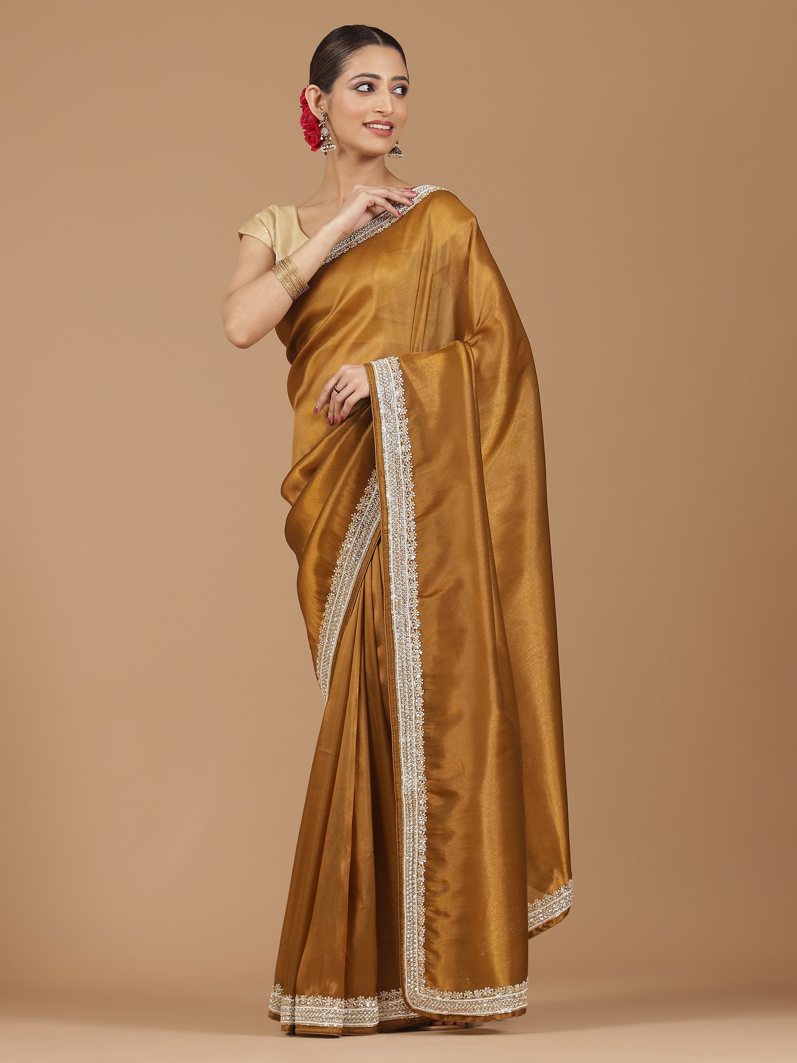 Satin Silk Saree with Delicate Stonework Border