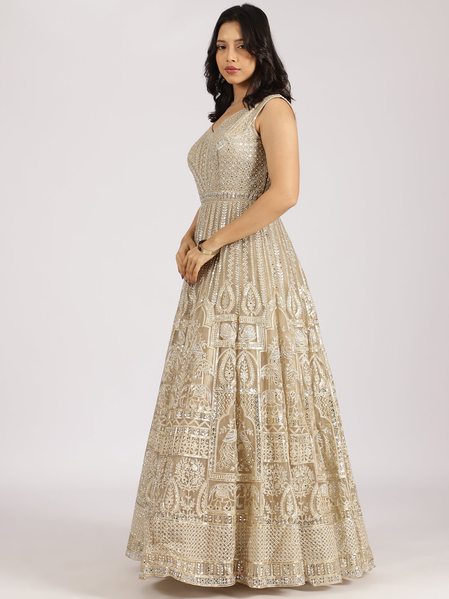 Champagne Gold Embroidered Silk Anarkali Gown Diva Champagne Gold Embroidered Silk Anarkali Gown Diva