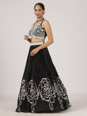 Black & White Satin Pleated Lehenga with Beaded Embroidered Blouse & Netted Dupatta