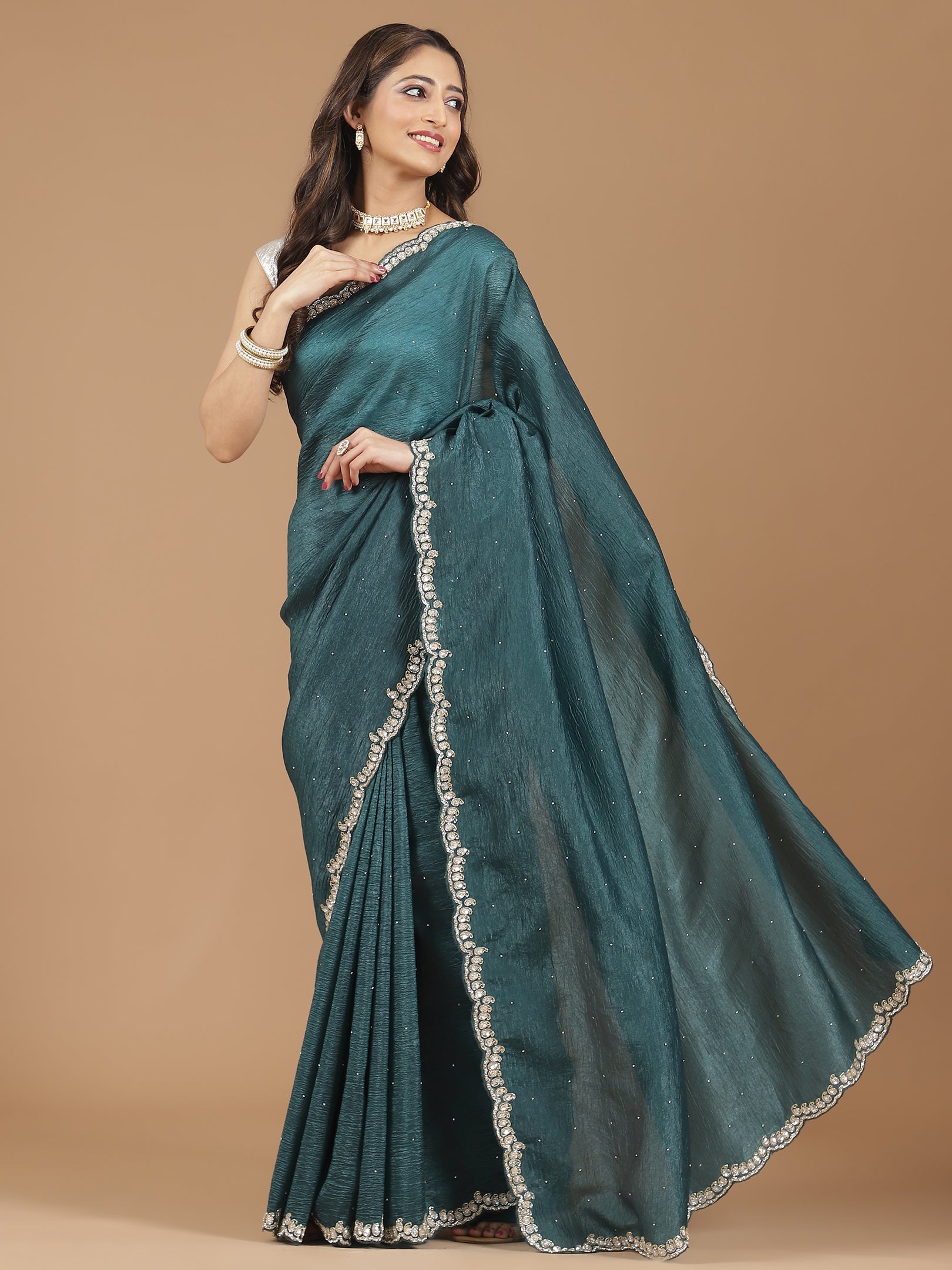 Crushed Silk Saree with Embellished Border