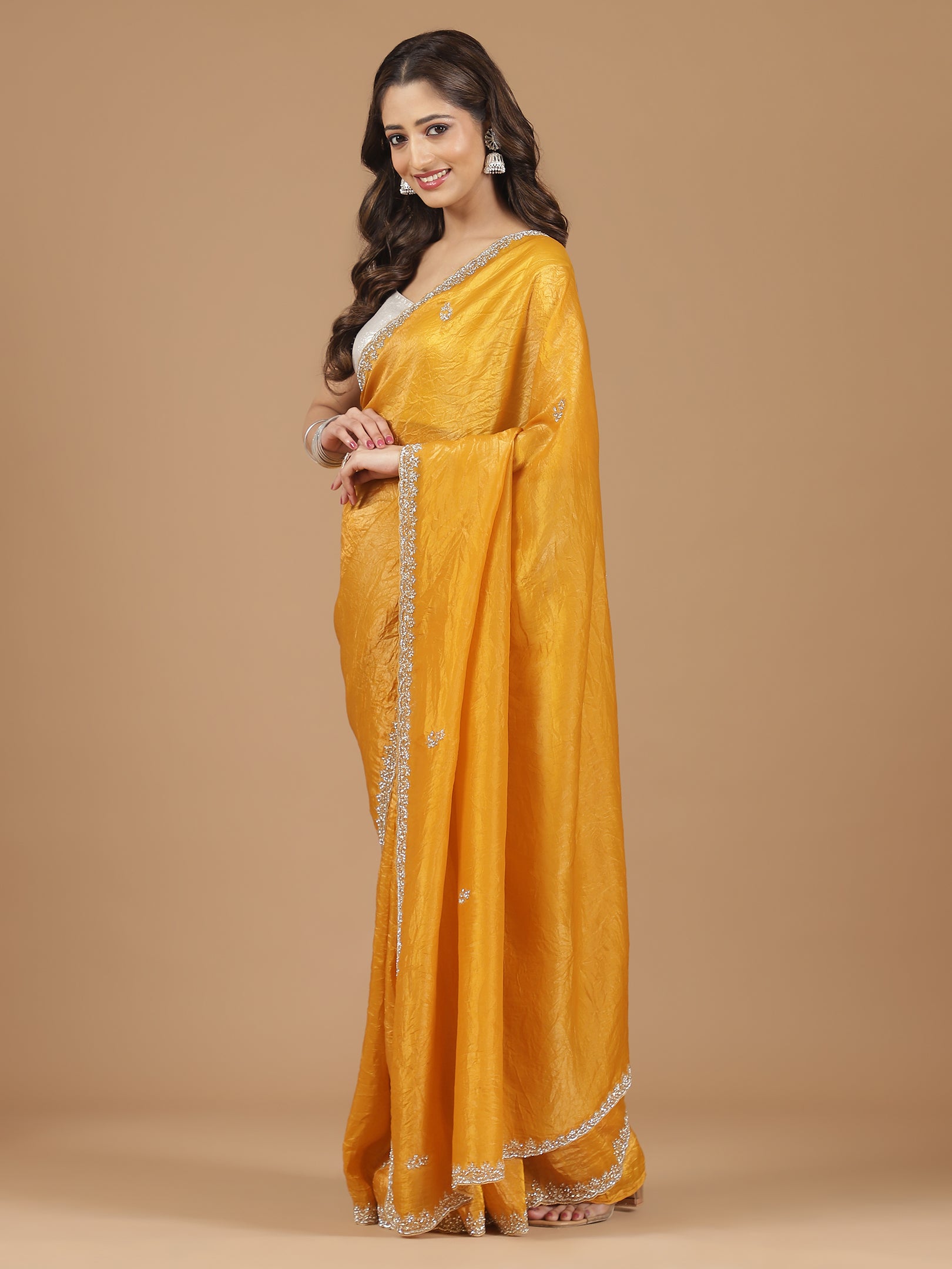 Crushed Silk Saree with Embroidered Border