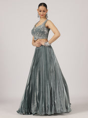 Elegant Grey Pleated Lehenga with Embroidered Blouse & Sheer Dupatta