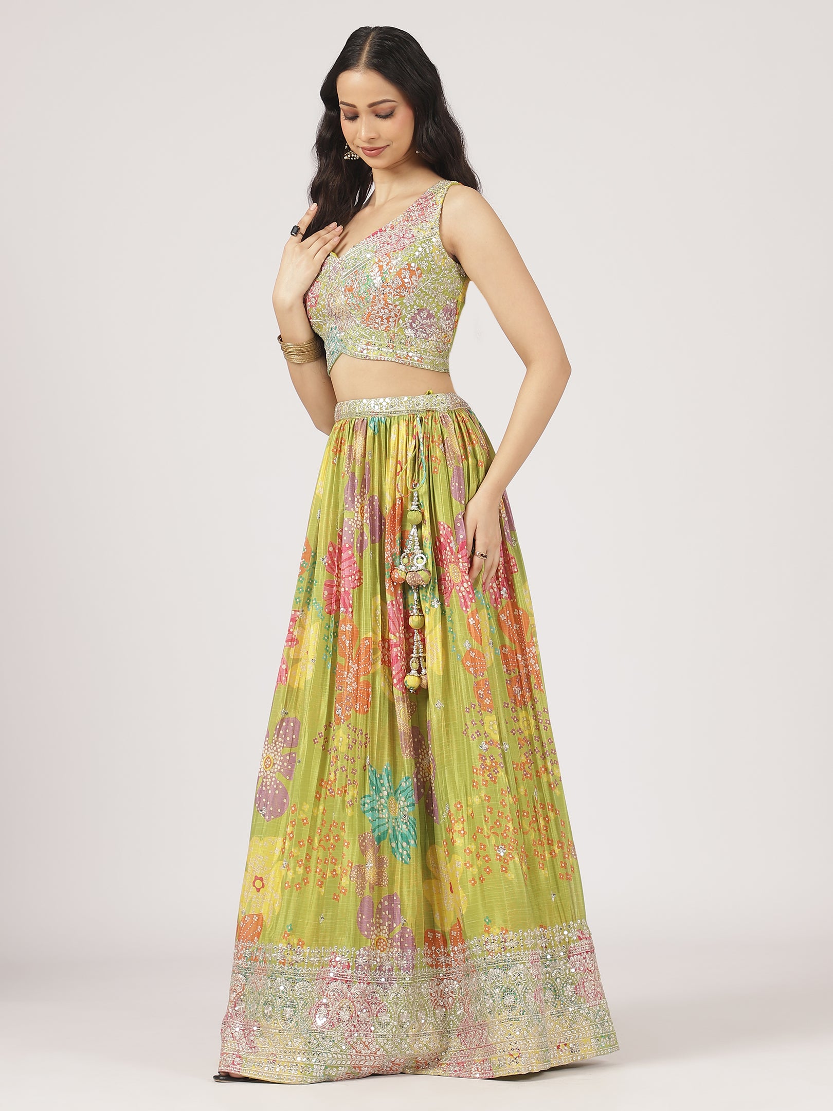 Lime Green Printed Organza Lehenga with Sequin & Mirror Work Blouse