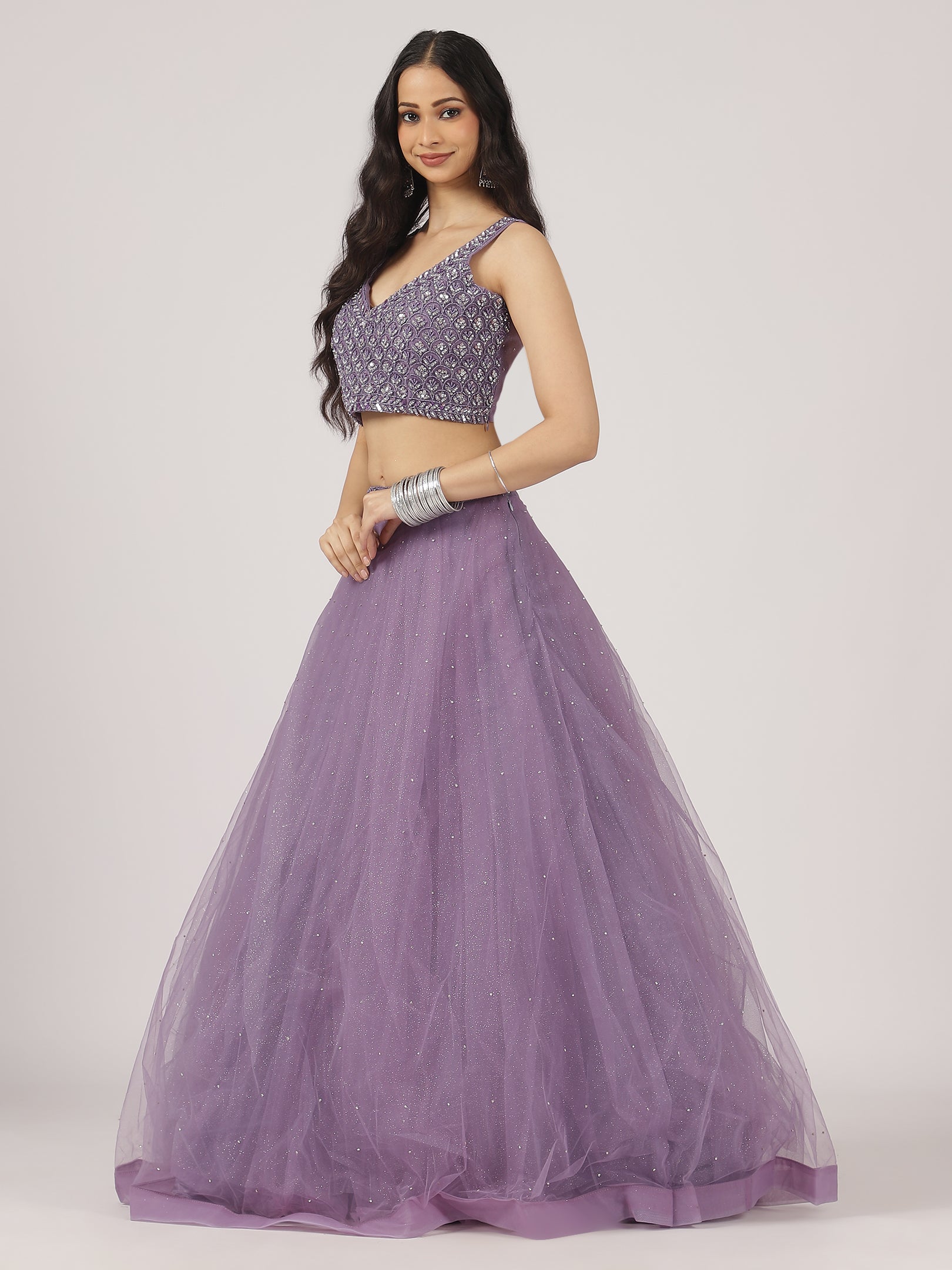 Lavender Net Lehenga with Intricate Sequin & Embroidery Work