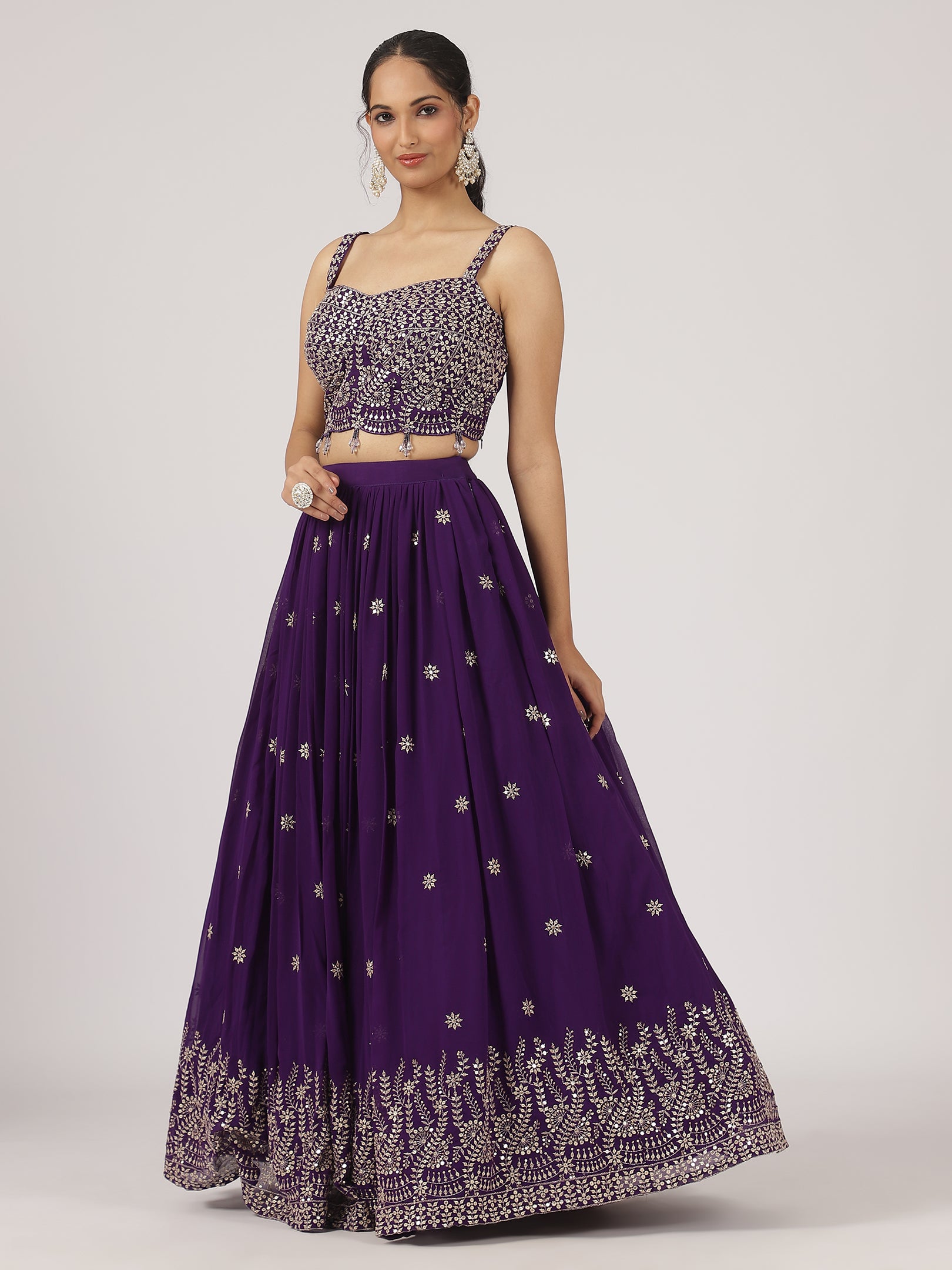 Royal Purple Embroidered Lehenga Set with Mirror Work Blouse & Net Dupatta