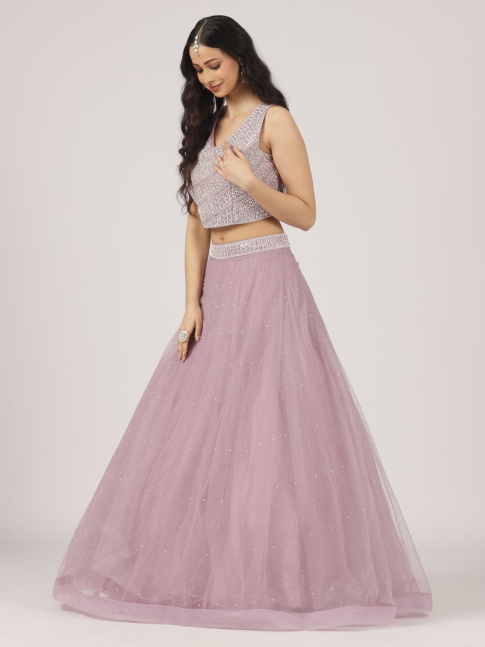 Lilac Net Lehenga with Sequin Embroidery & Designer Blouse