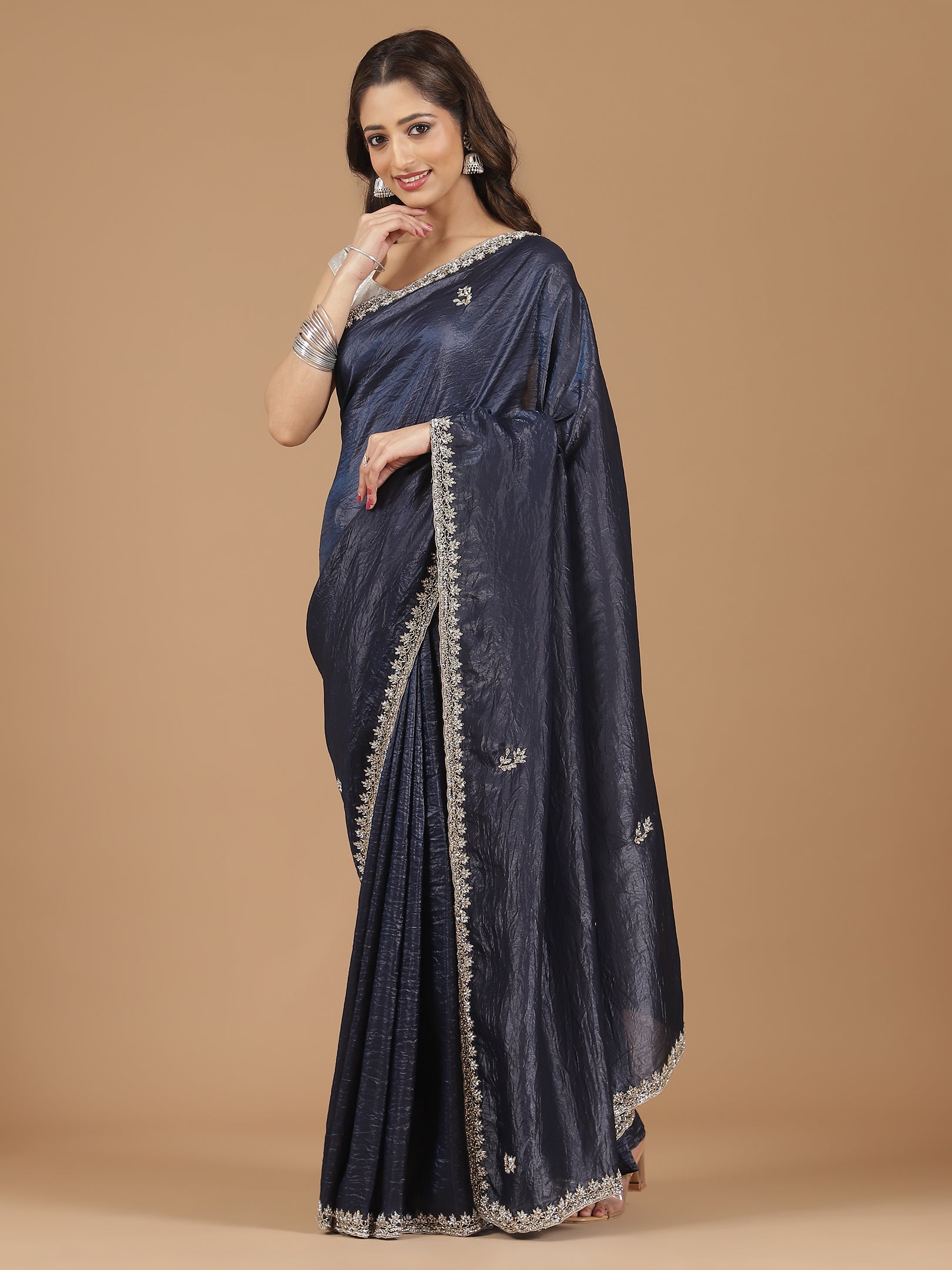 Crushed Silk Saree with Embroidered Border