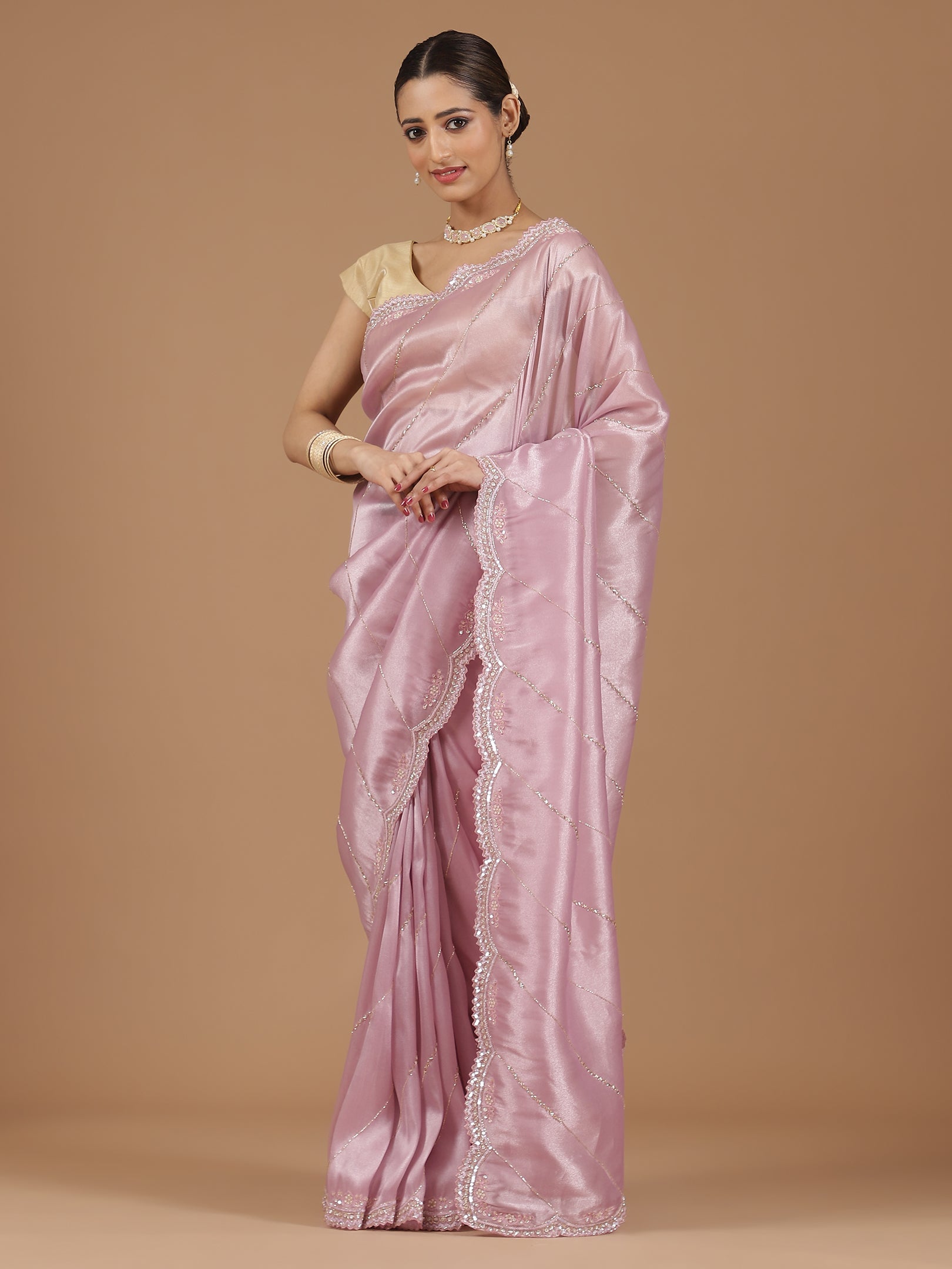 Elegant Pink Satin Silk Saree with Sequin Embroidery