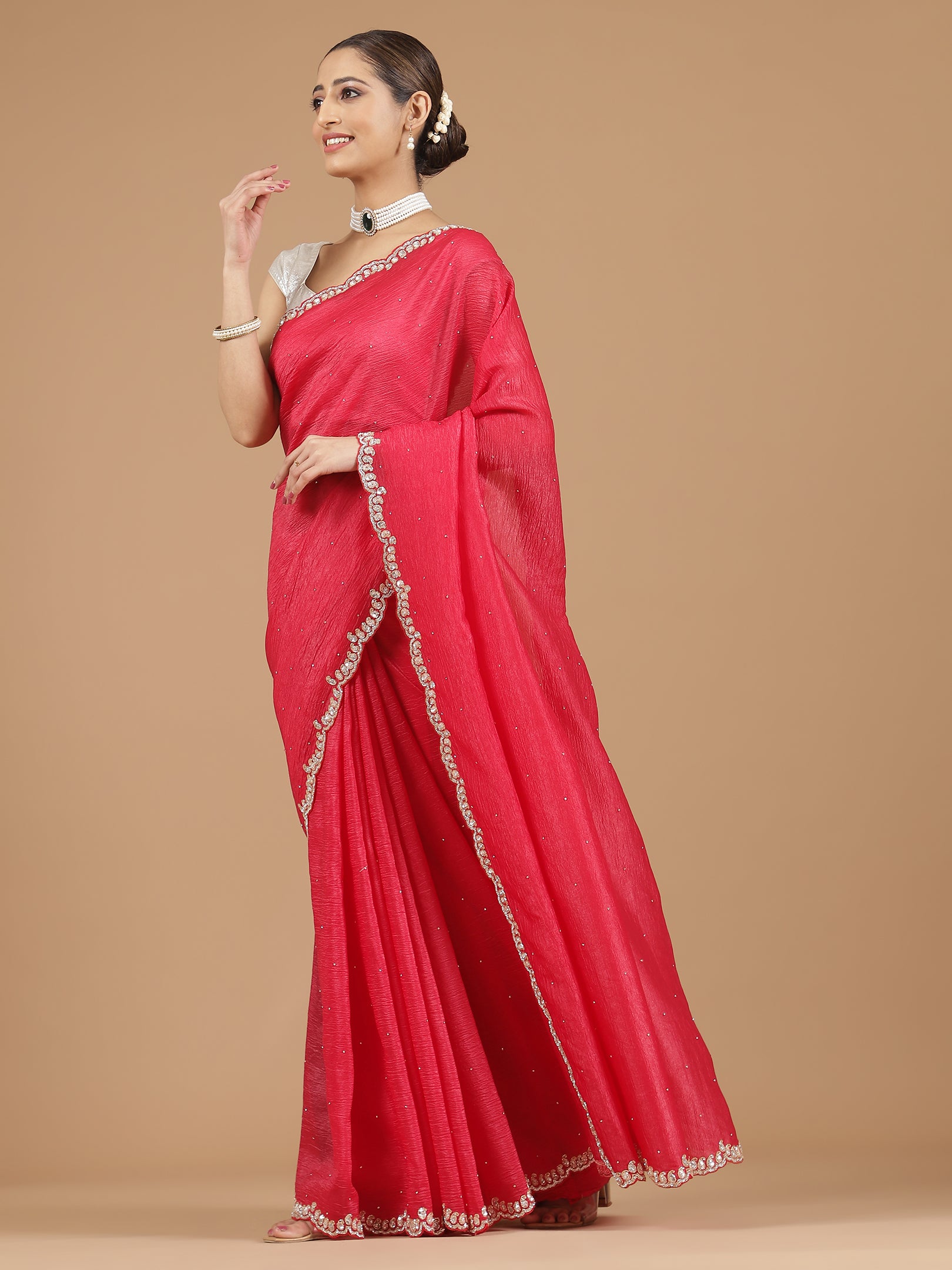 Crushed Silk Saree with Embellished Border