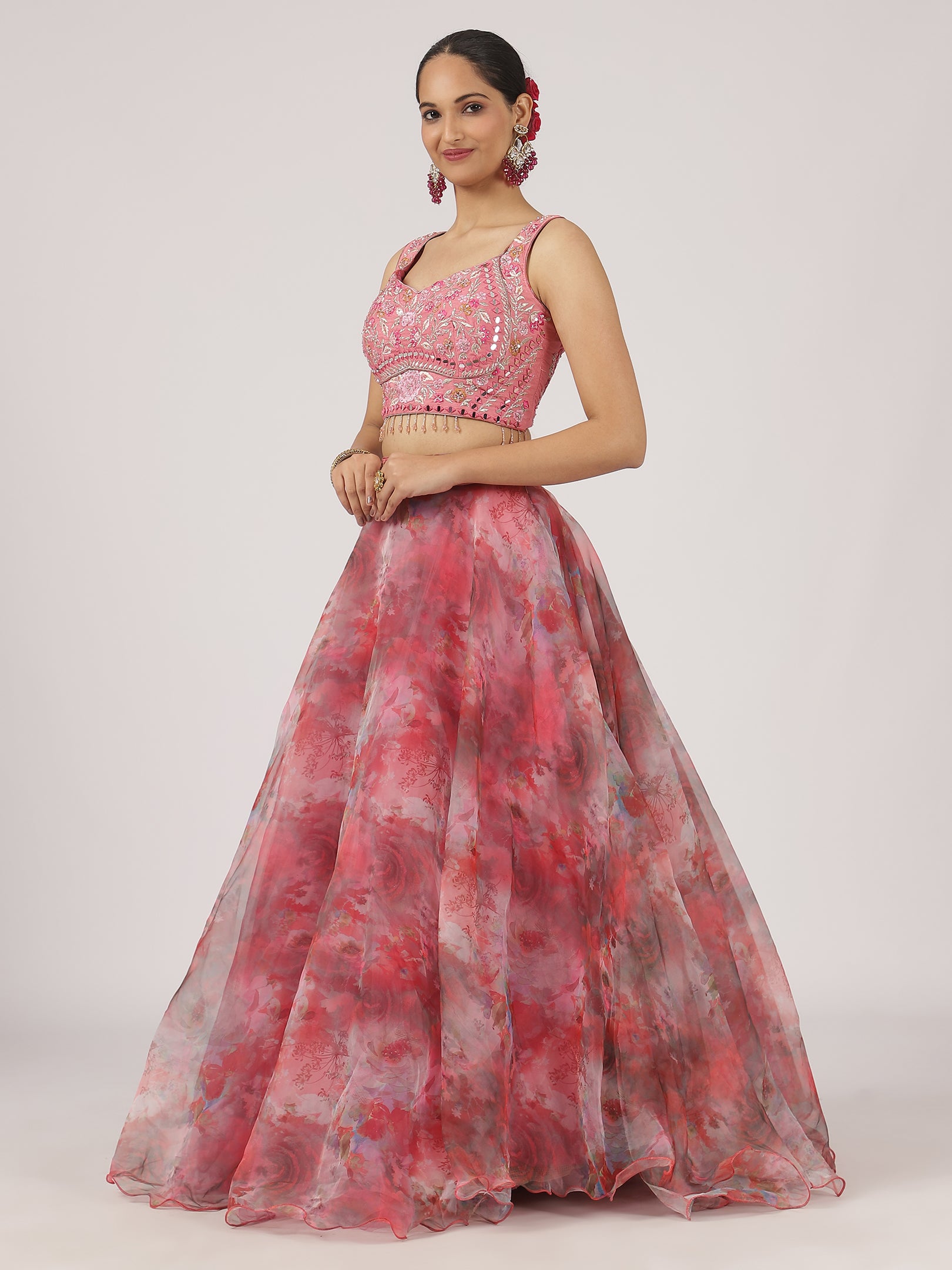 Blush Pink Floral Organza Lehenga with Embroidered Blouse