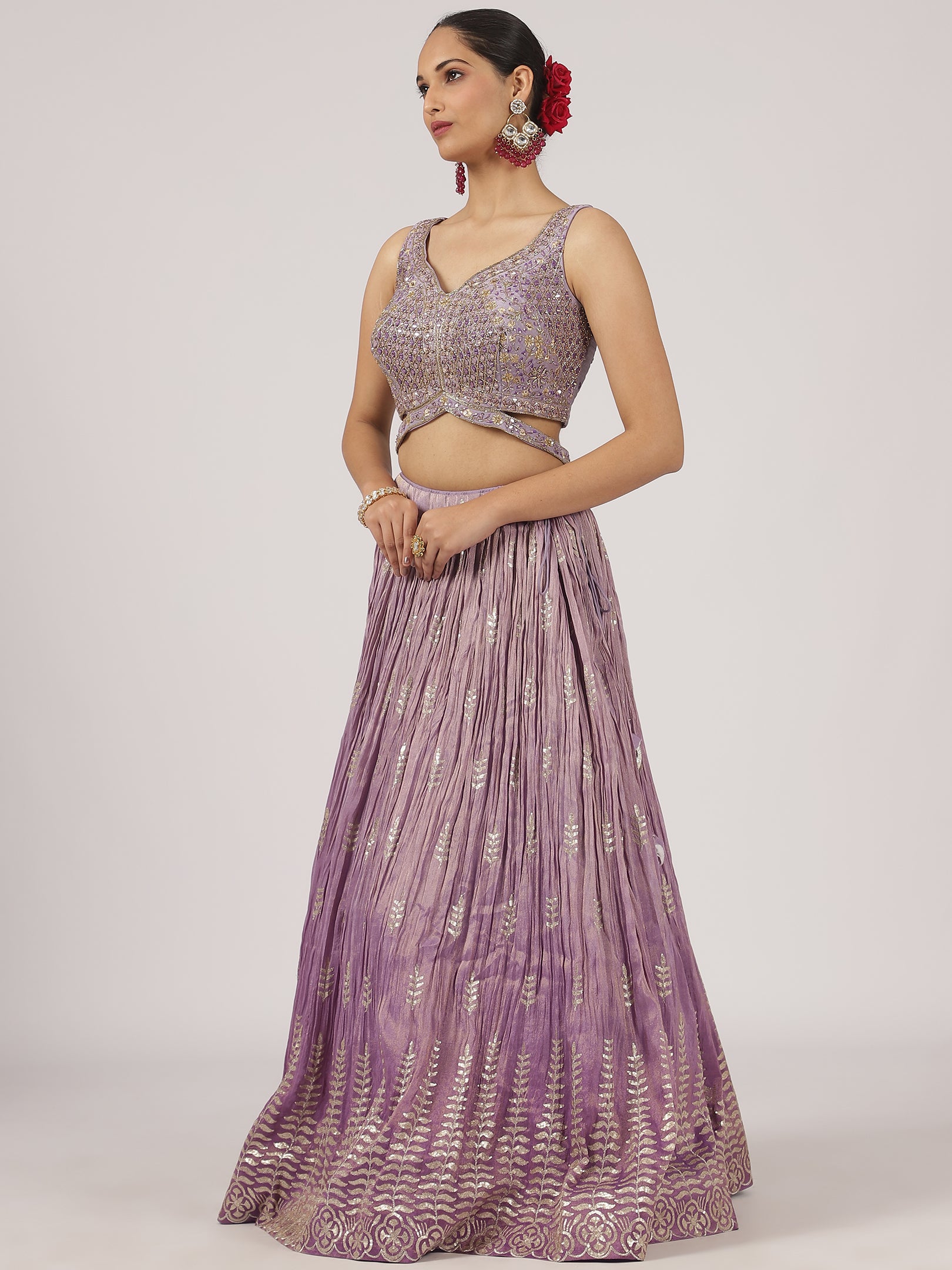 Elegant Lavender Sequined Lehenga with Embellished Blouse and Brocade Dupatta