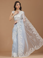 Serene Sky Blue Embroidered Net Saree with Contrasting Blouse