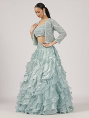 Sea Blue Organza Ruffled Lehenga with Pearl Work Blouse & Overcoat