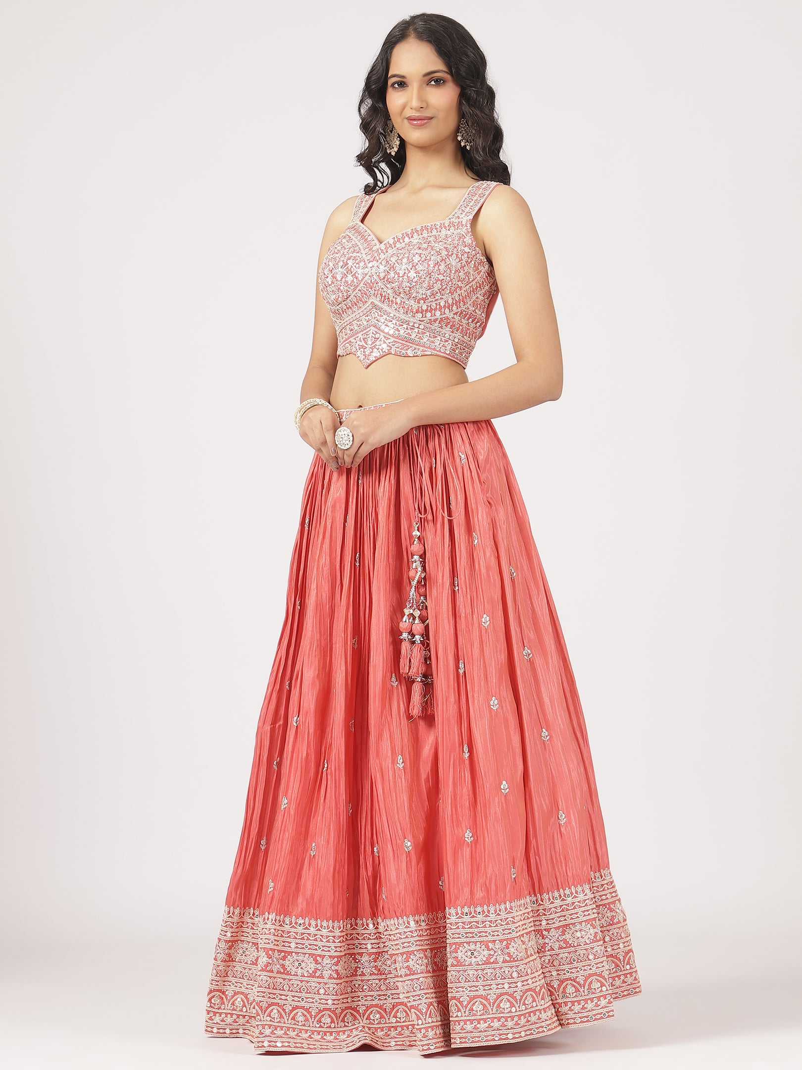 Elegant Peach Raw Silk Lehenga with Sequin Embroidered Blouse