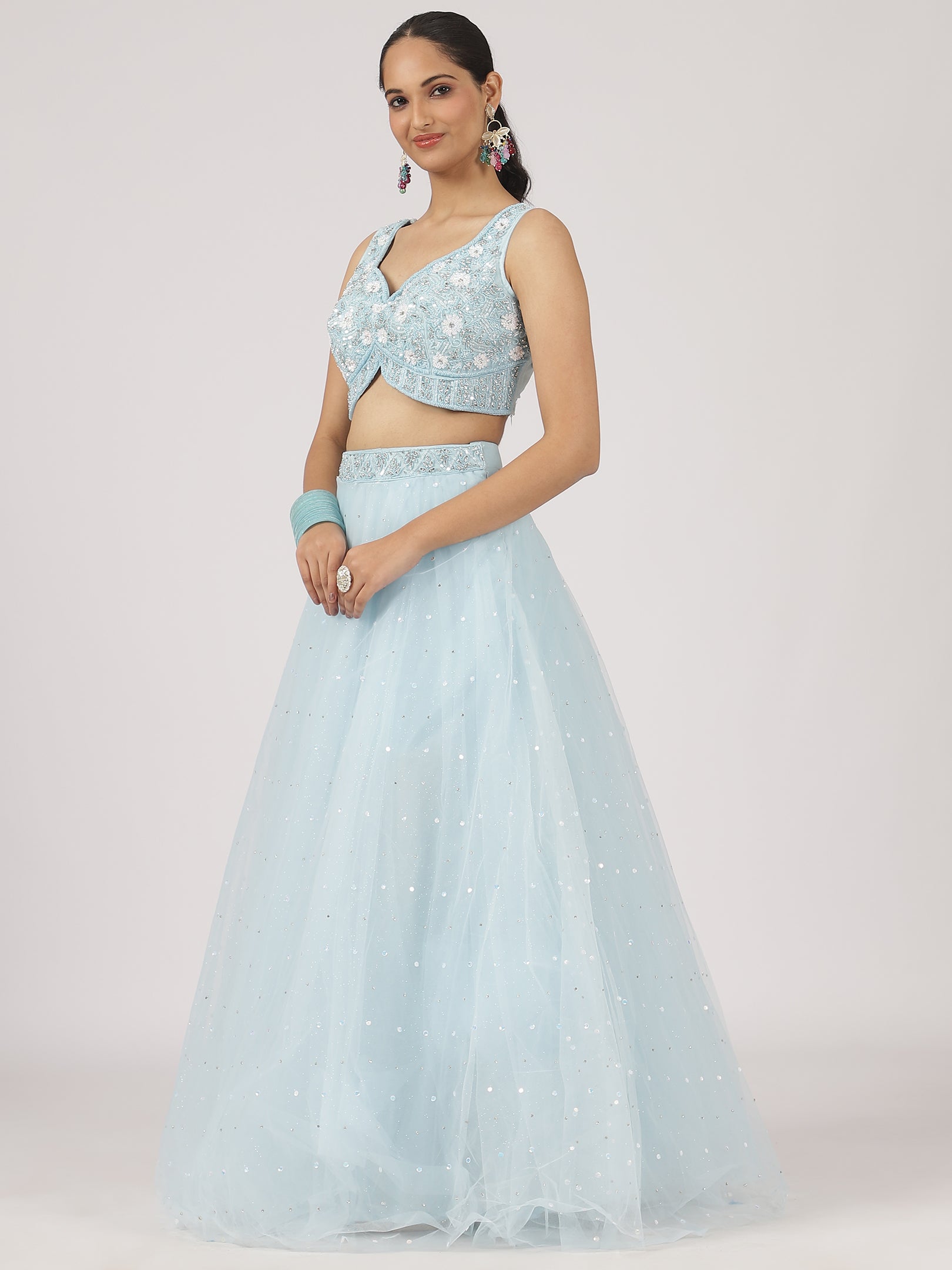 Sky Blue Embroidered Net Lehenga with Sequins & Mirror Work