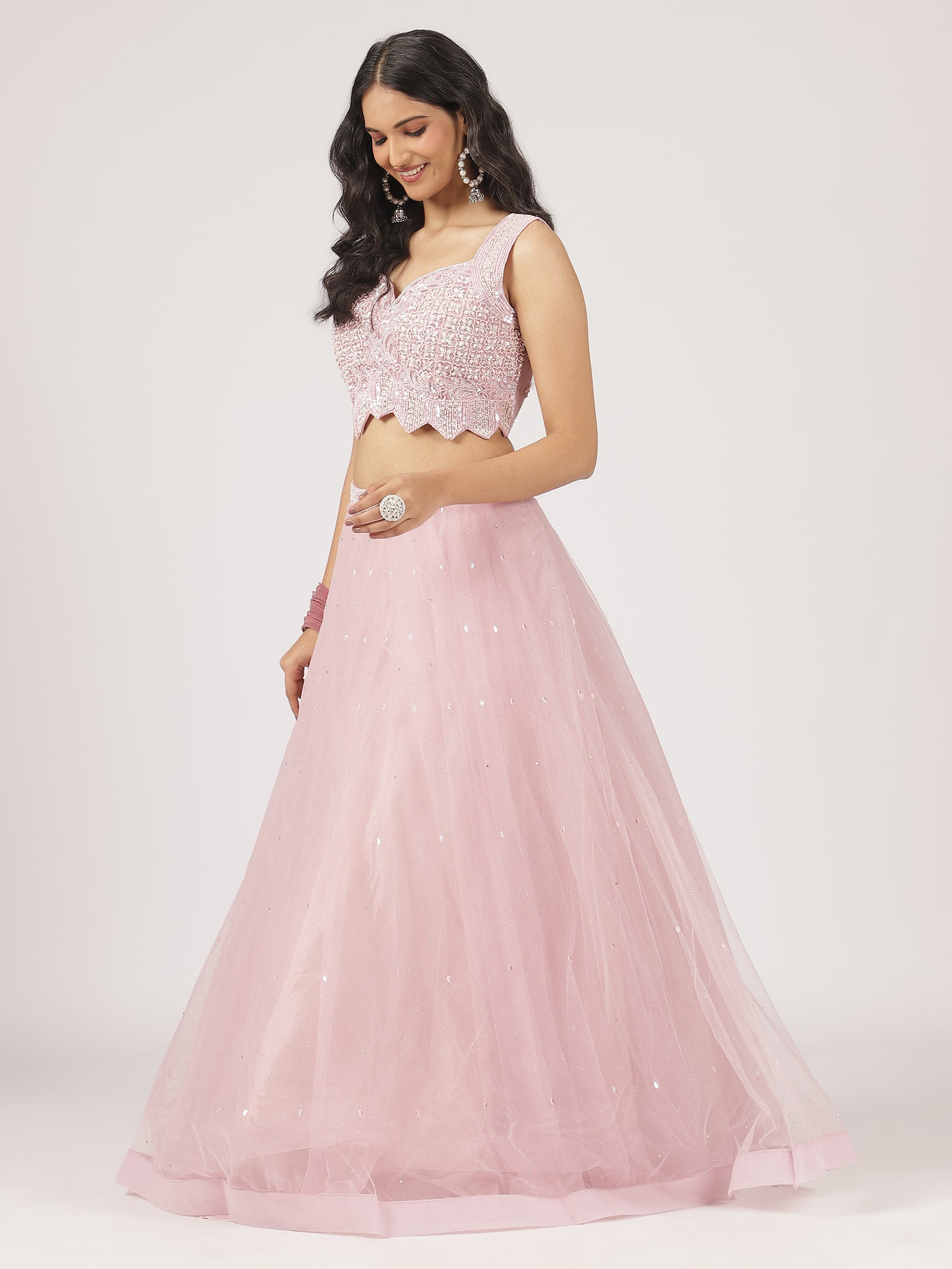 Blush Pink Net Lehenga with Sequin Embroidery & Designer Blouse