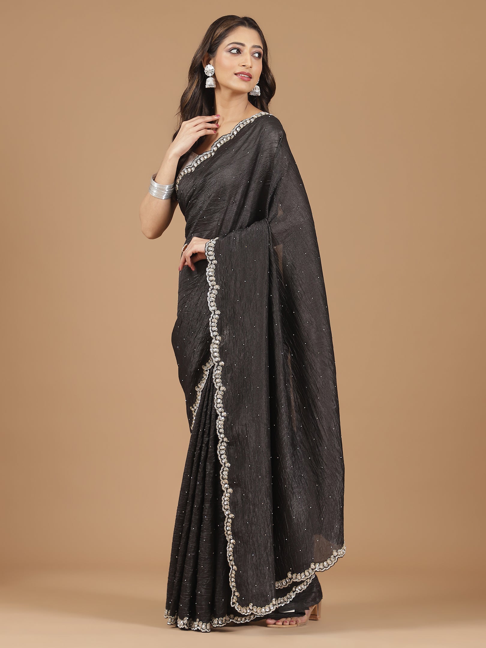 Crushed Silk Saree with Embellished Border