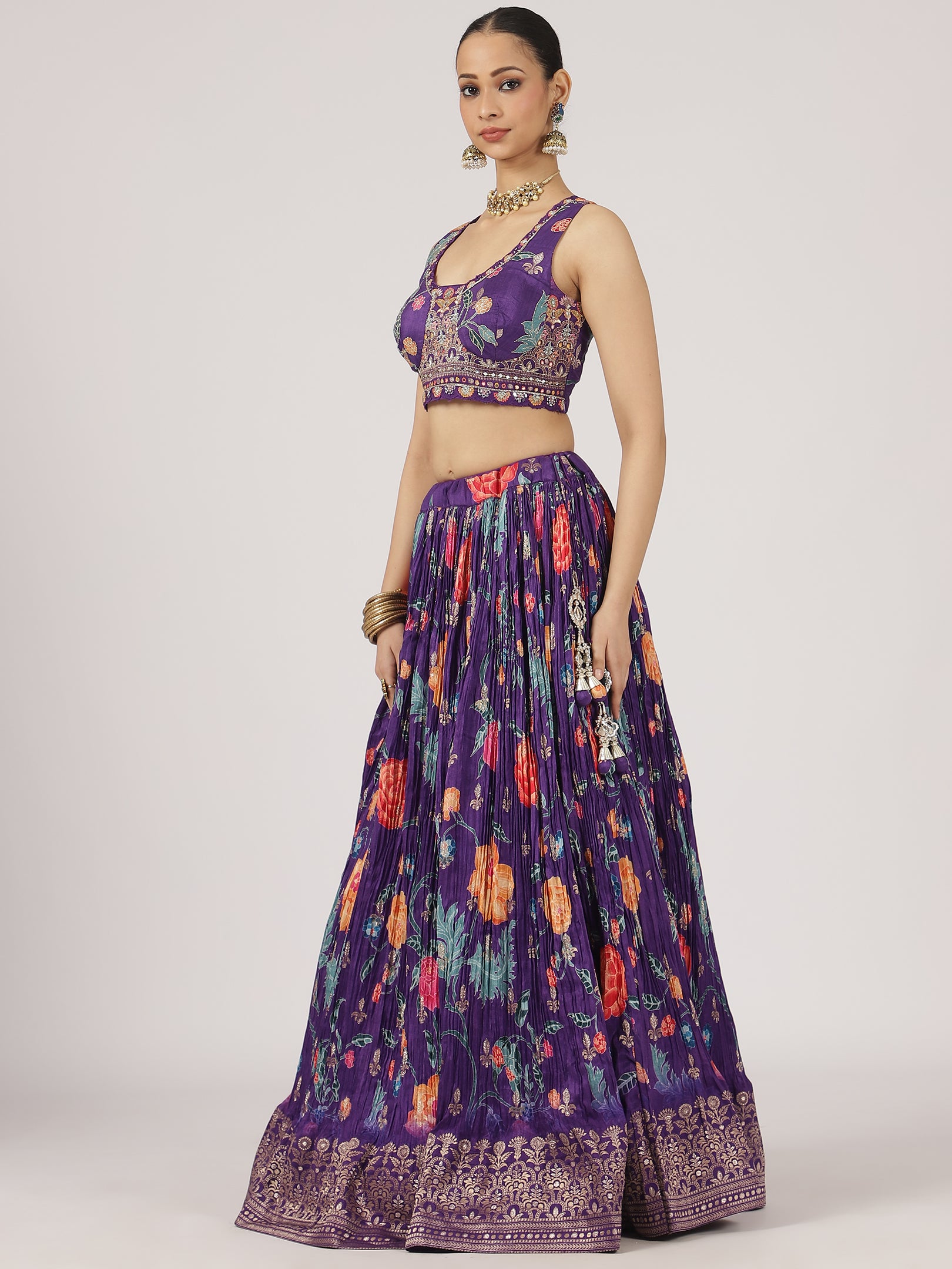 Royal Purple Floral Print Lehenga with Embroidered Blouse