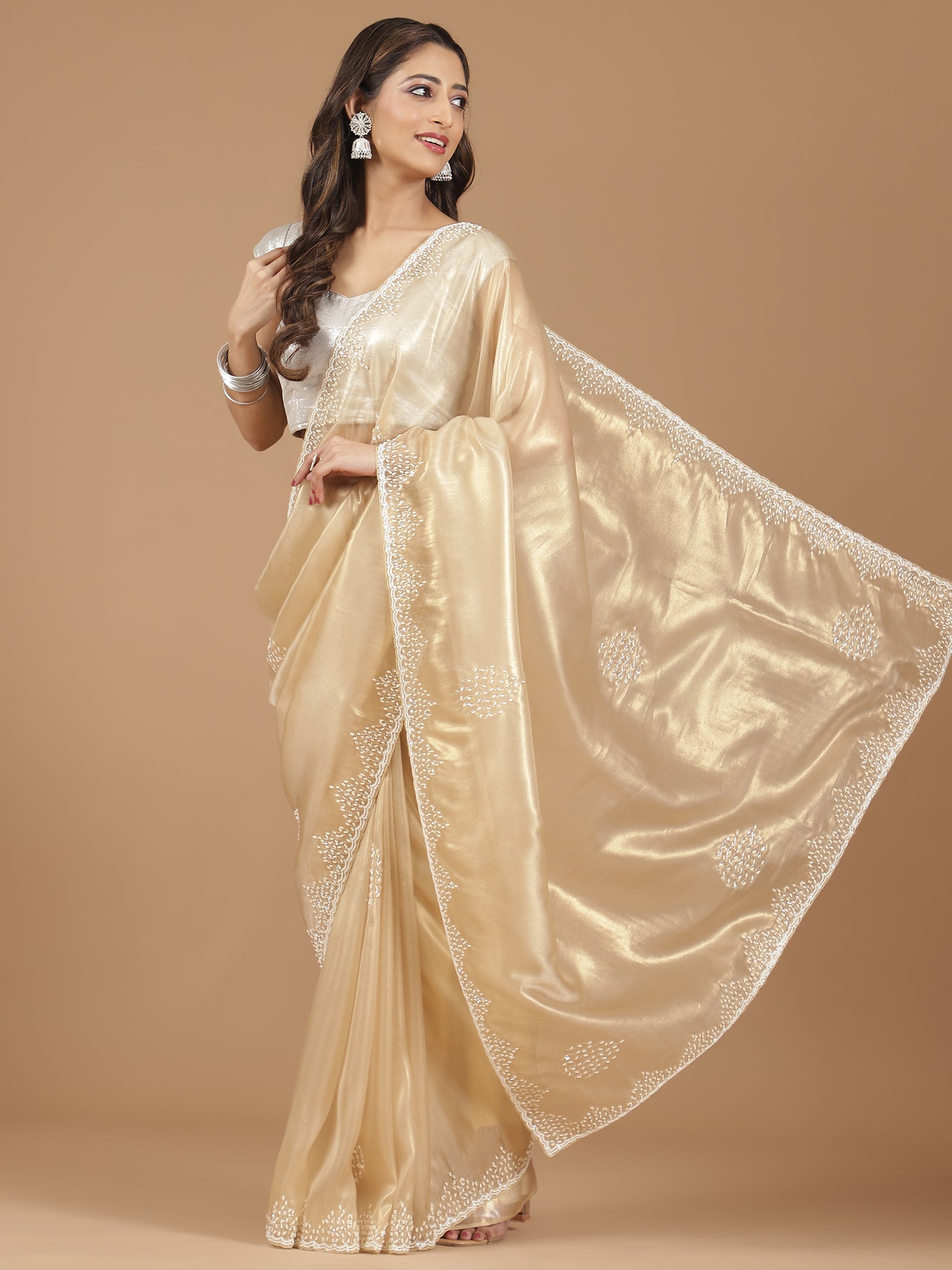 Elegant Champagne Gold Satin Silk Saree with Pearl Embroidery