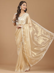 Elegant Champagne Gold Satin Silk Saree with Pearl Embroidery