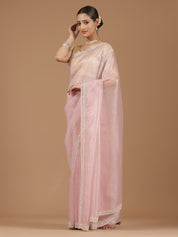 Net Saree with Delicate Floral Embroidery & Scalloped Border