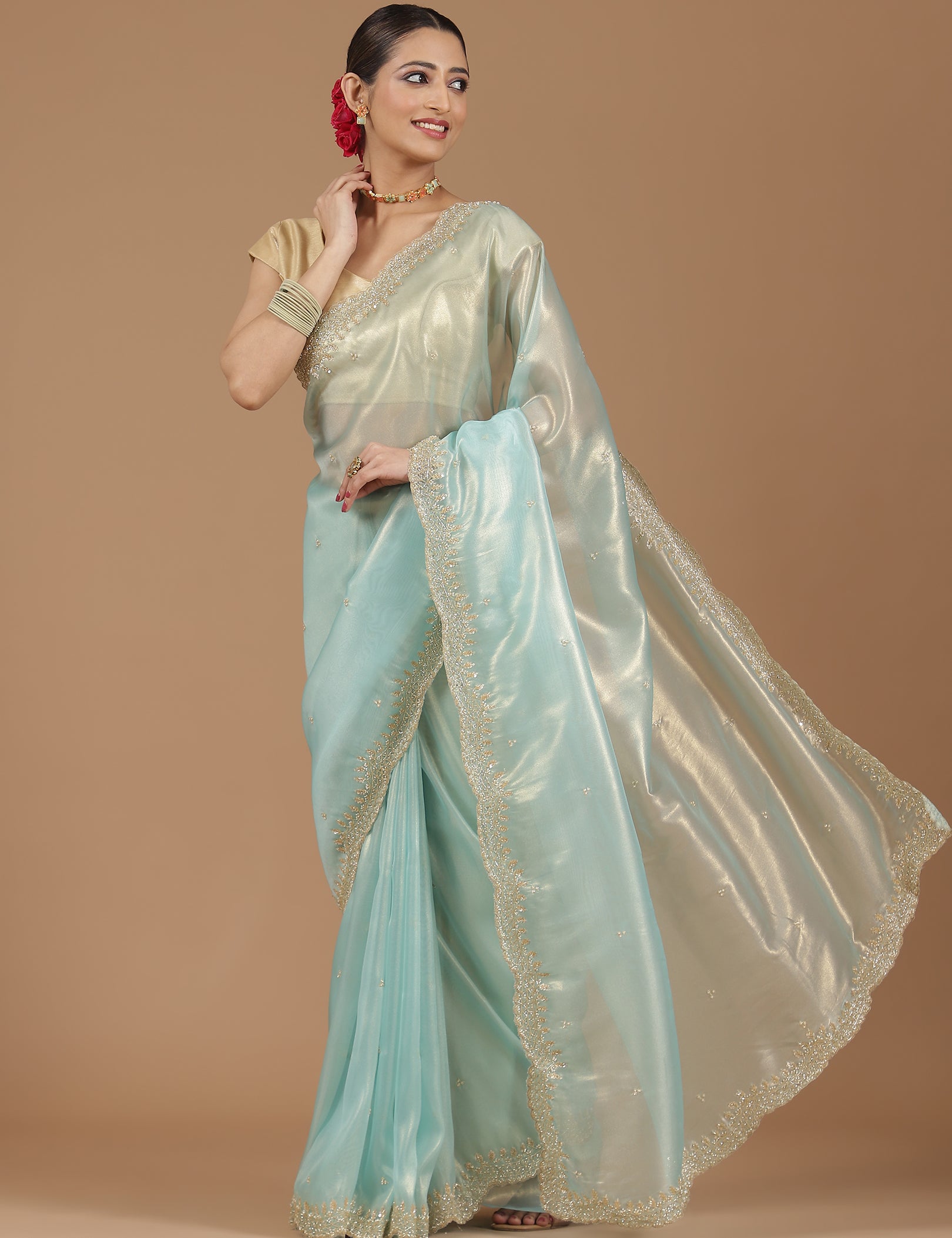 Pearl Embroidered Organza Saree