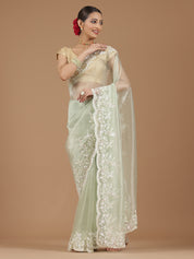 Net Saree with Delicate Floral Embroidery & Scalloped Border