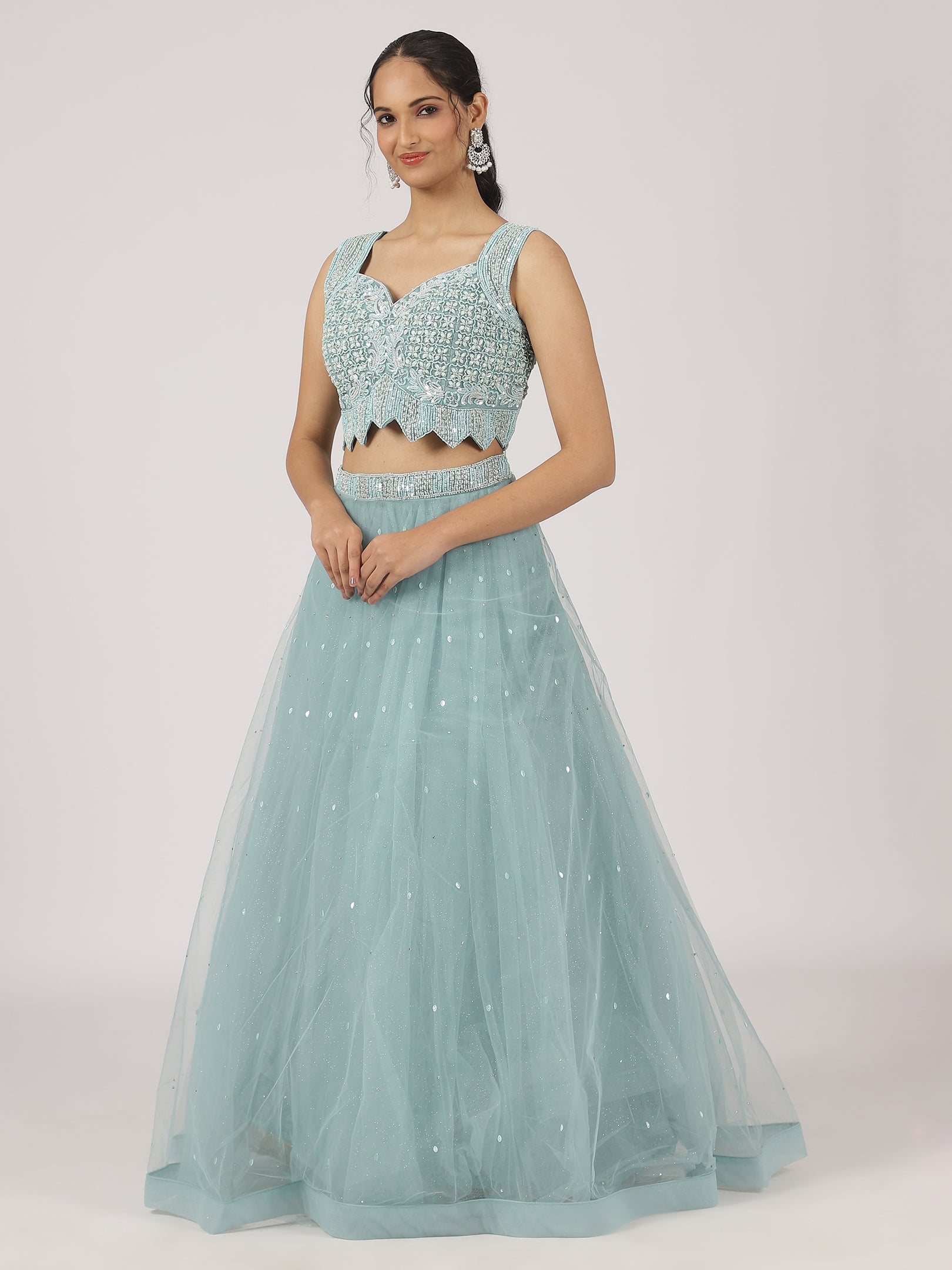 Aqua Blue Net Lehenga with Sequin Embroidery & Designer Blouse