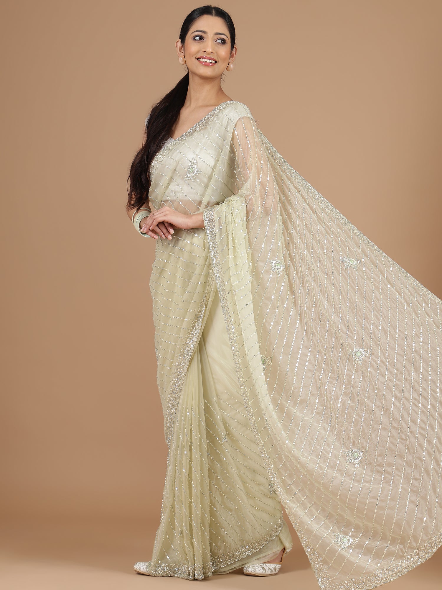 Graceful Beige Organza Tissue Saree with Sequin Work & Embroidery