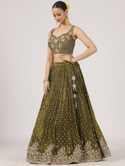 Elegant Olive Green Silk Lehenga with Intricate Embroidery